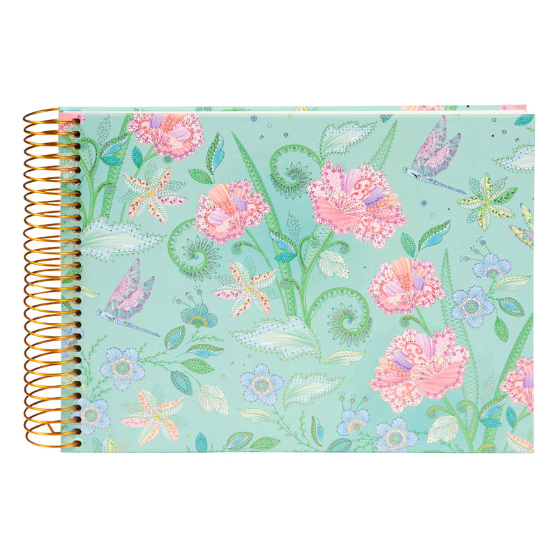 Goldbuch photo album with a spiral binding, adorned with a floral design and colorful butterflies.