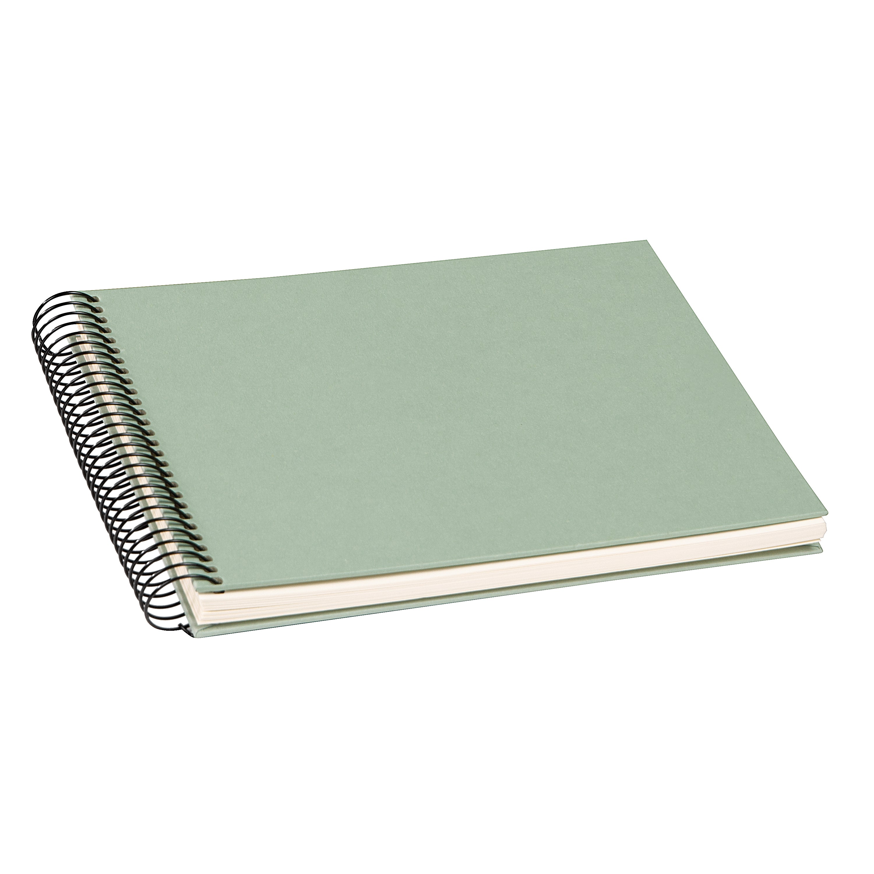A Goldbuch eukalyptus green photo album with a spiral binding.