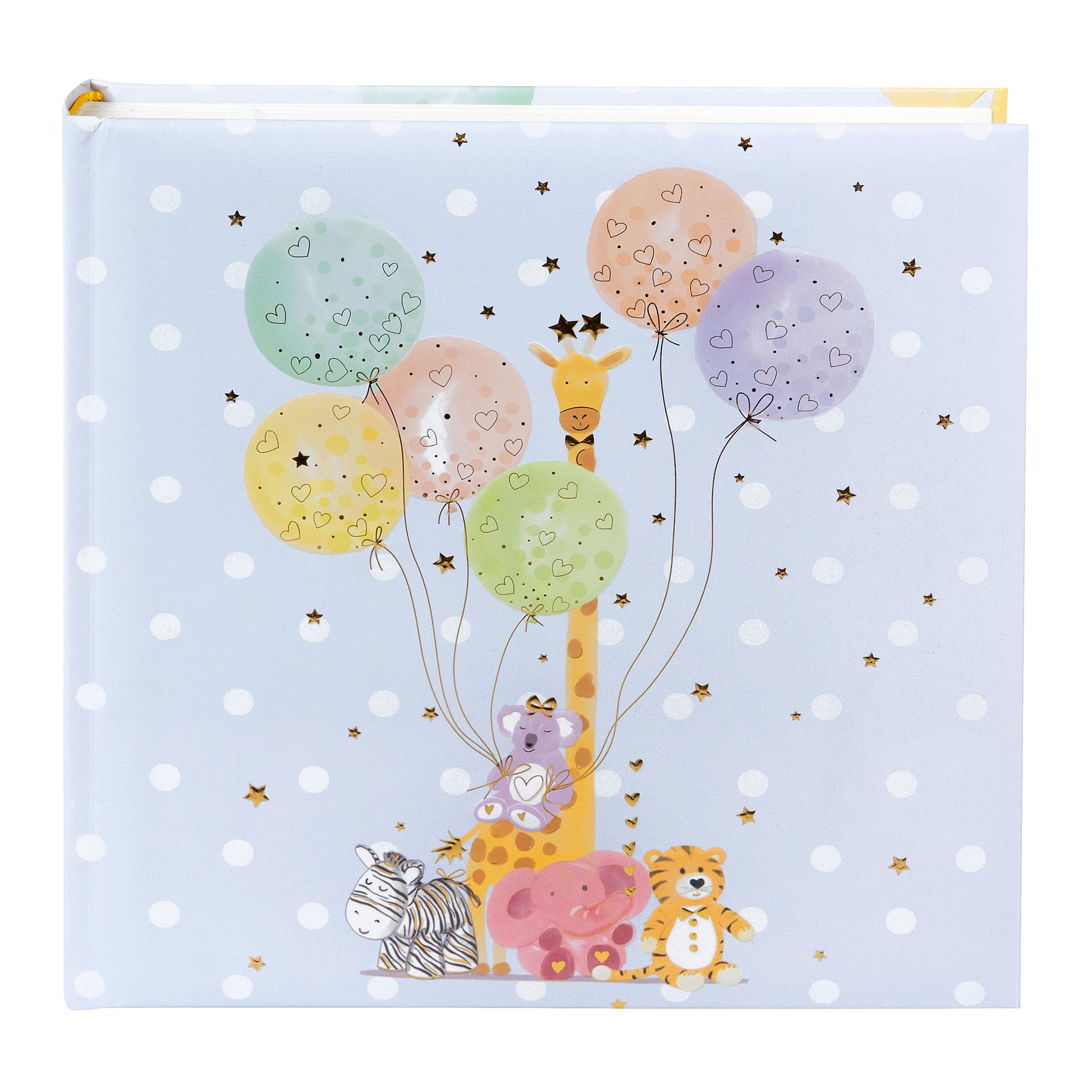 A Goldbuch photo album for baby showers, decorated with cute animals and festive balloons, ideal for preserving moments.