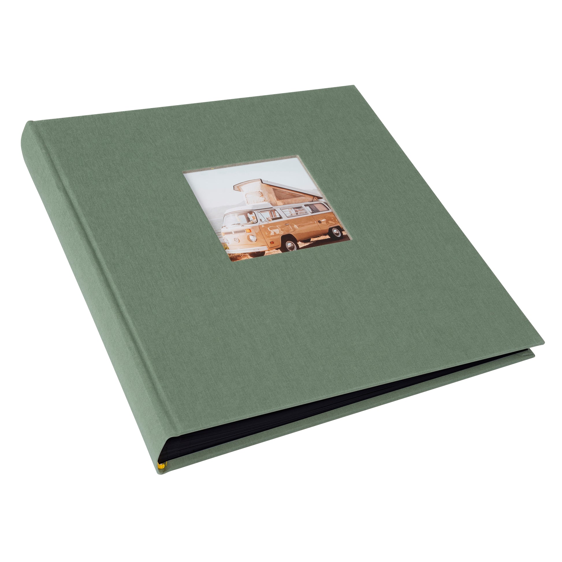 A Goldbuch artichoke green photo album with a cover illustration of a van with a tent on the roof, showcasing its hardcover design and black pages.