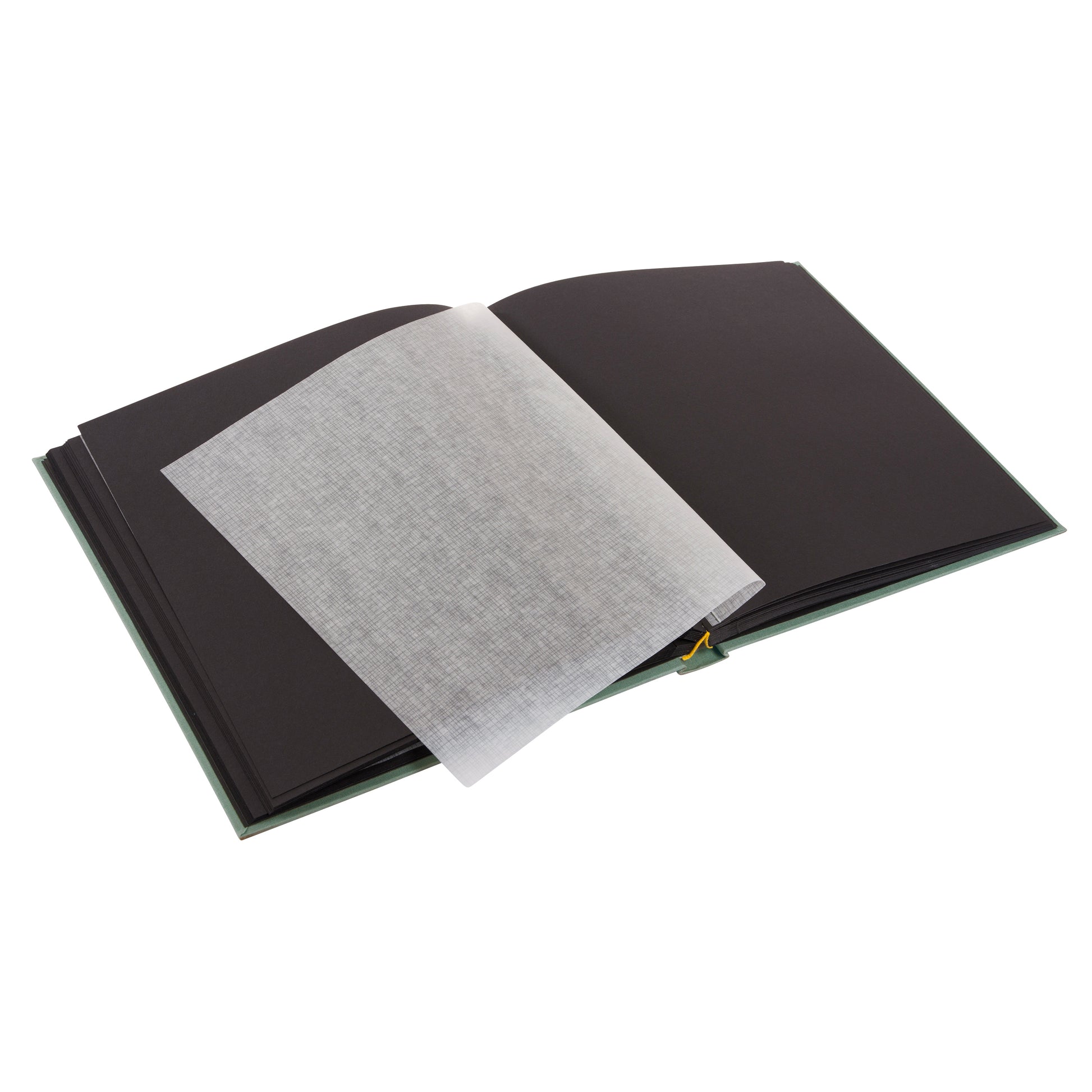 A Goldbuch artichoke green photo album with a cover illustration of a van with a tent on the roof, showcasing its hardcover design and black pages.