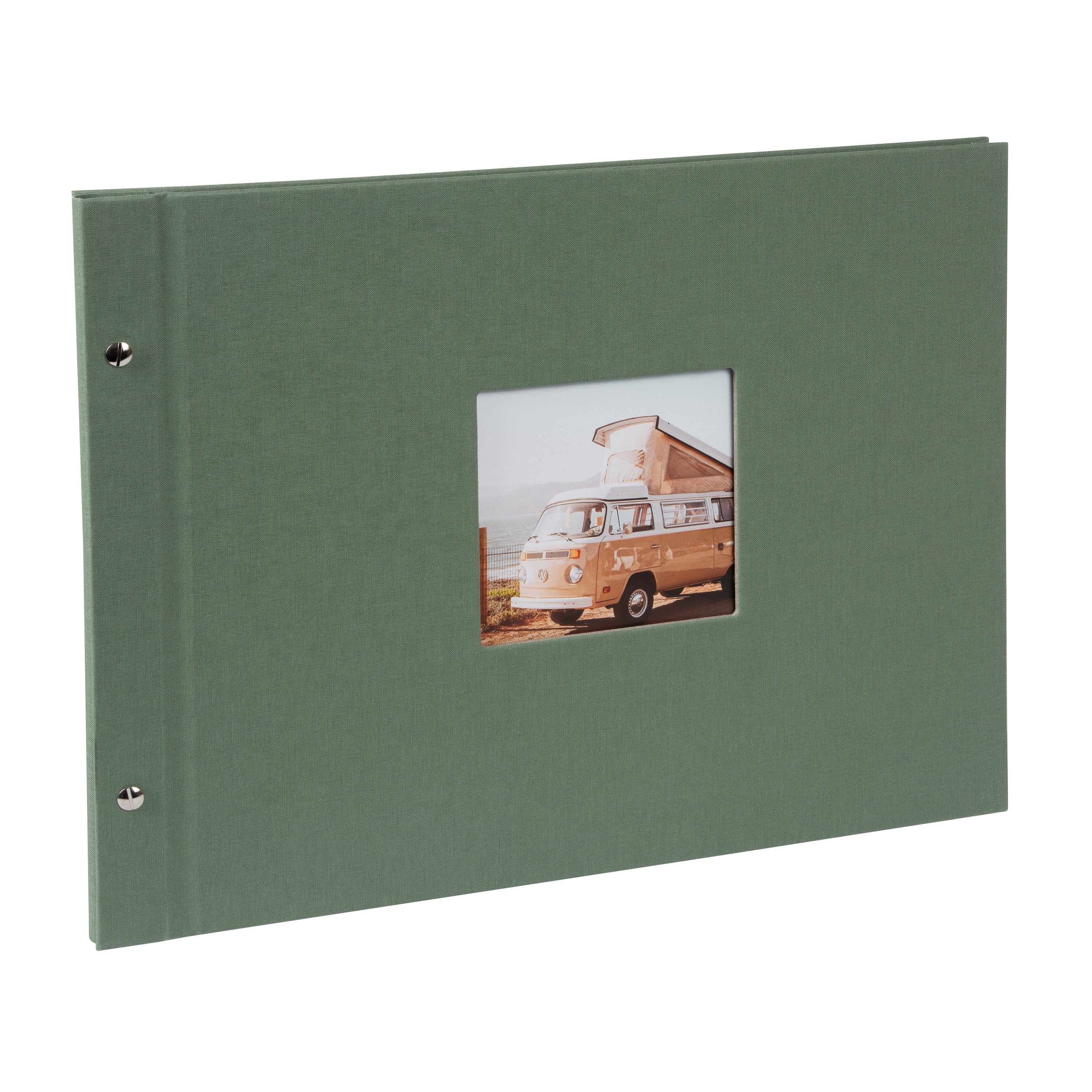 A Goldbuch green photo album with a window displaying a vintage van on a white background