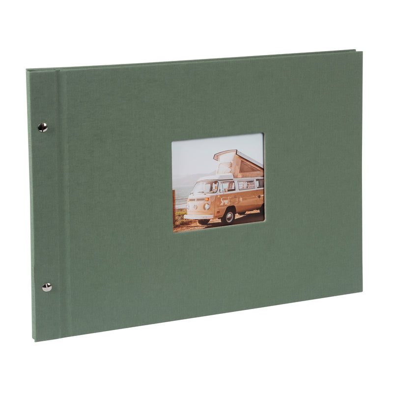 A Goldbuch green photo album with a window displaying a vintage van on a white background
