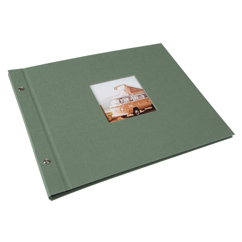 A Goldbuch green photo album with a window displaying a vintage van on a white background