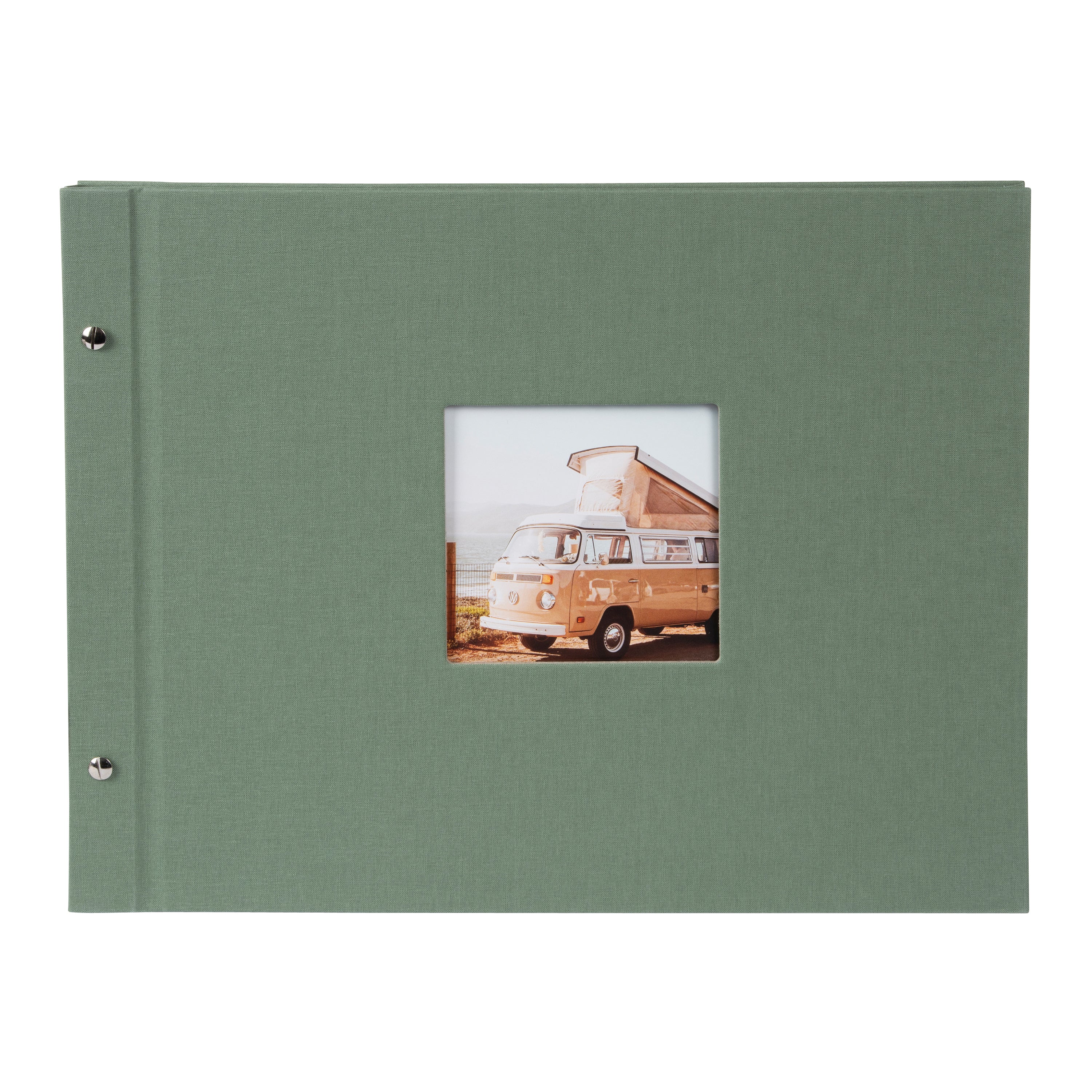 A Goldbuch green photo album with a window displaying a vintage van on a white background