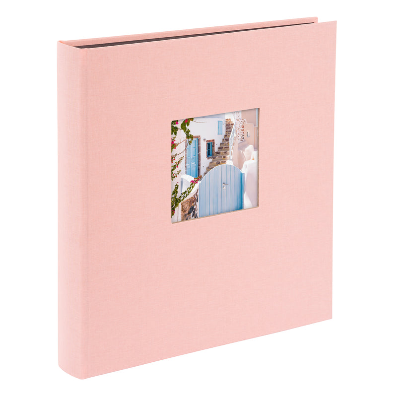 Rose Goldbuch photo album with a small rectangular window displaying a scenic image.