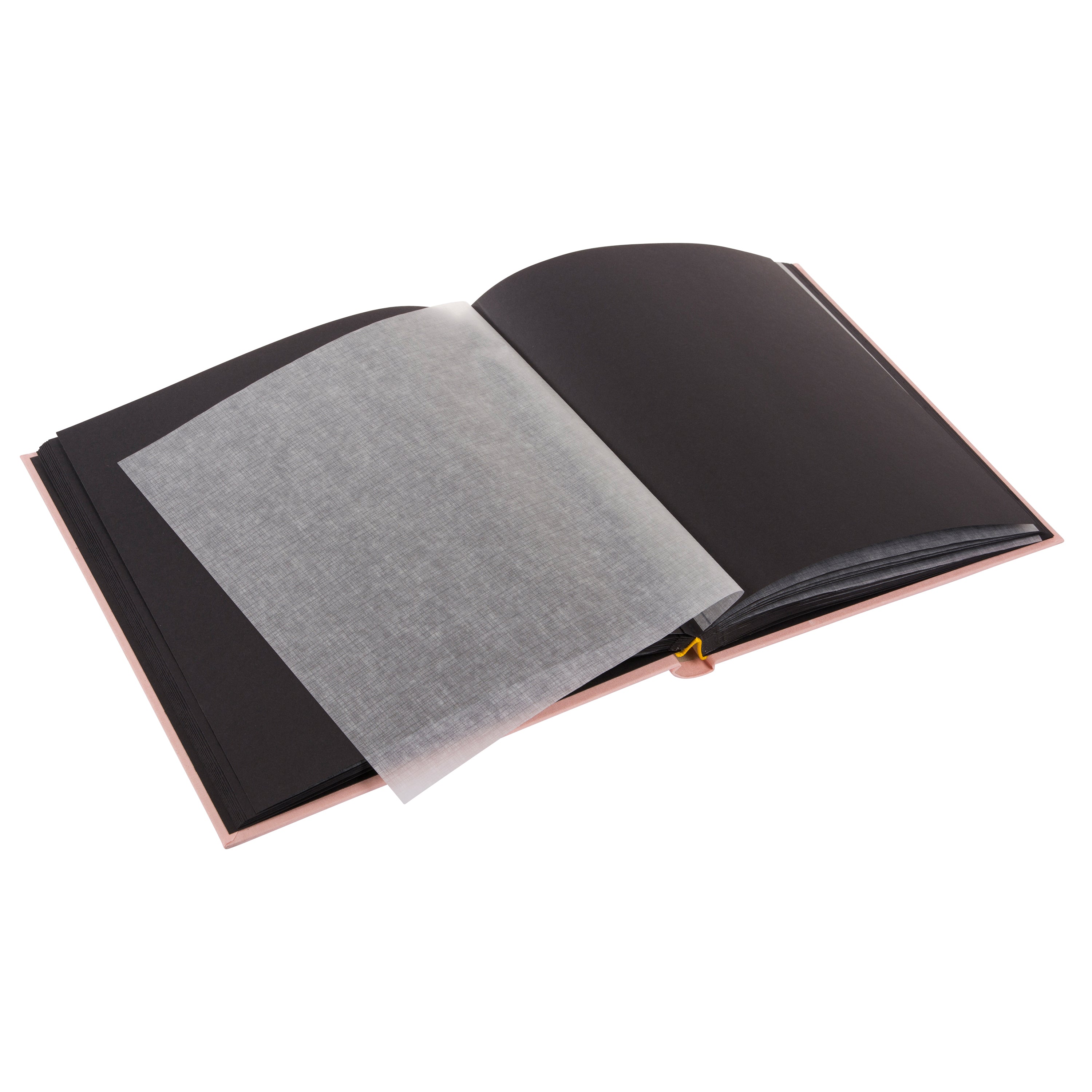Rose Goldbuc, with photo album with black pages, with a small rectangular window displaying a scenic image.