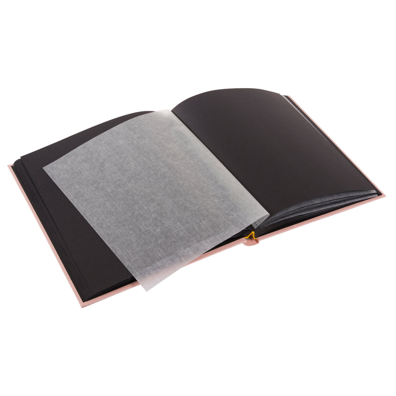 Rose Goldbuc, with photo album with black pages, with a small rectangular window displaying a scenic image.