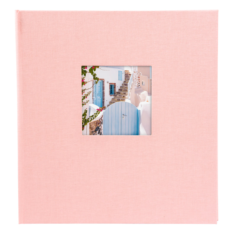 Rose Goldbuch photo album with a small rectangular window displaying a scenic image.
