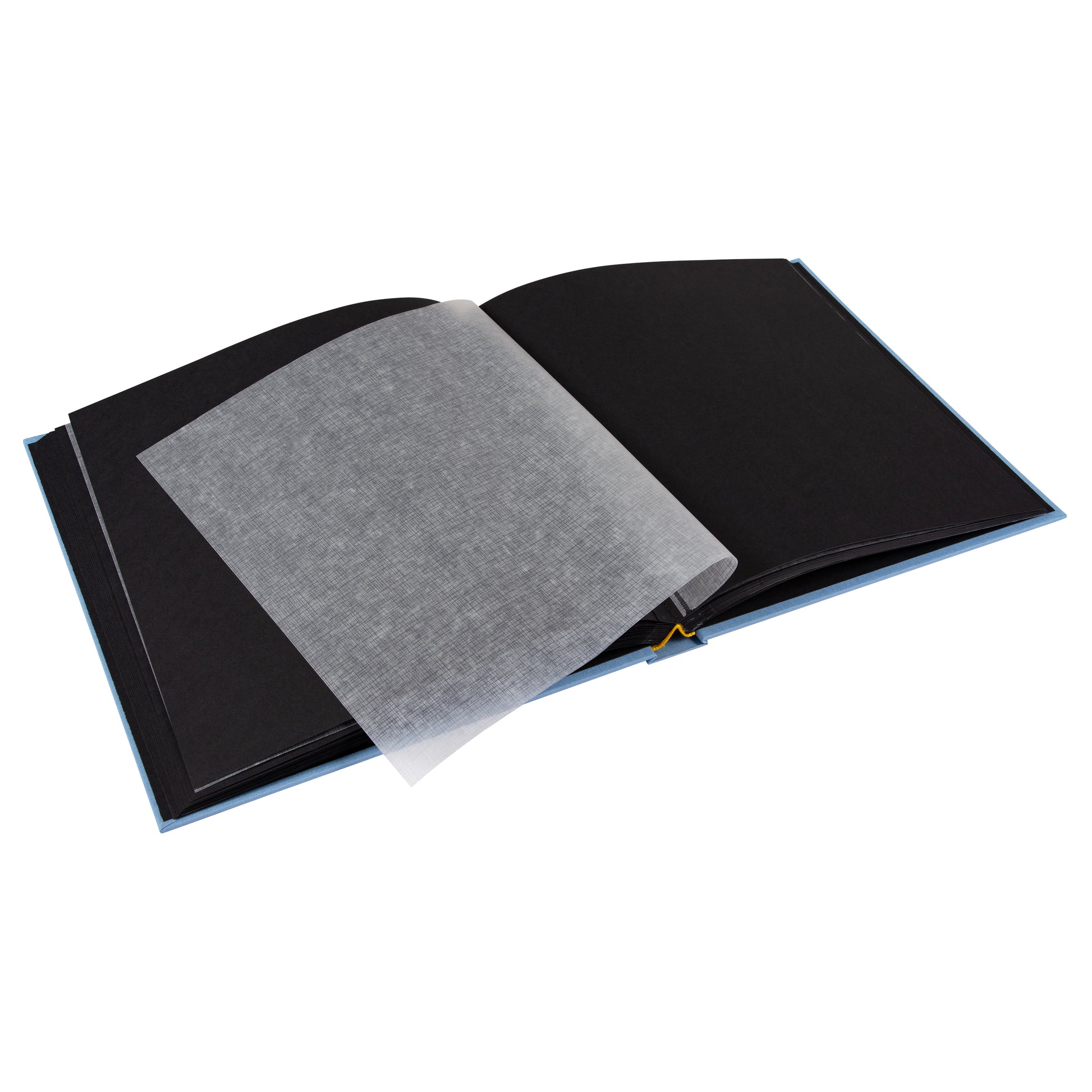 An elegant sky blue Goldbuch photo album with black pages, with a pineapple on its cover