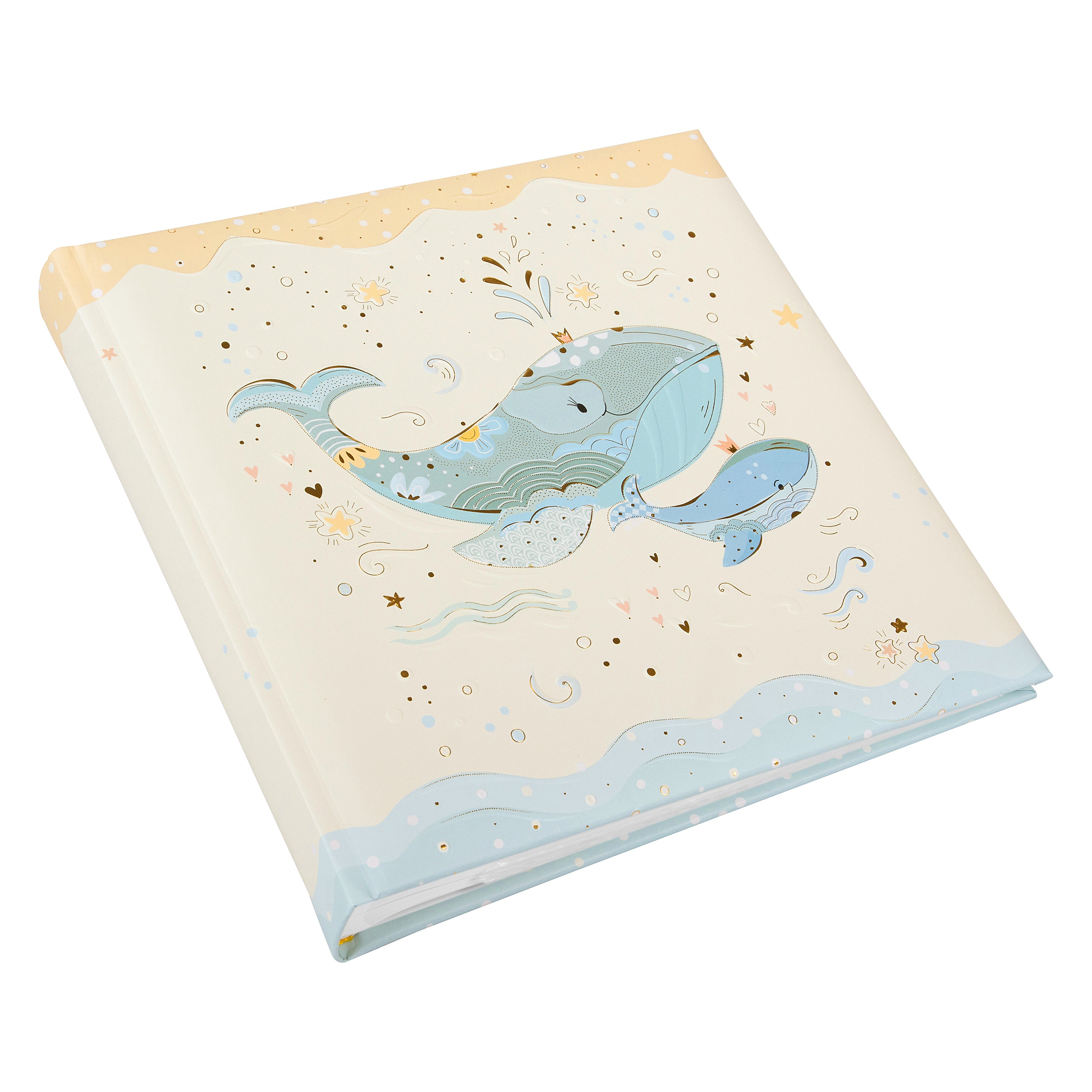 Goldbuch photo album with an illustrated cover showing two blue whales, one large and one small, swimming among stars and waves on a cream and beige background.