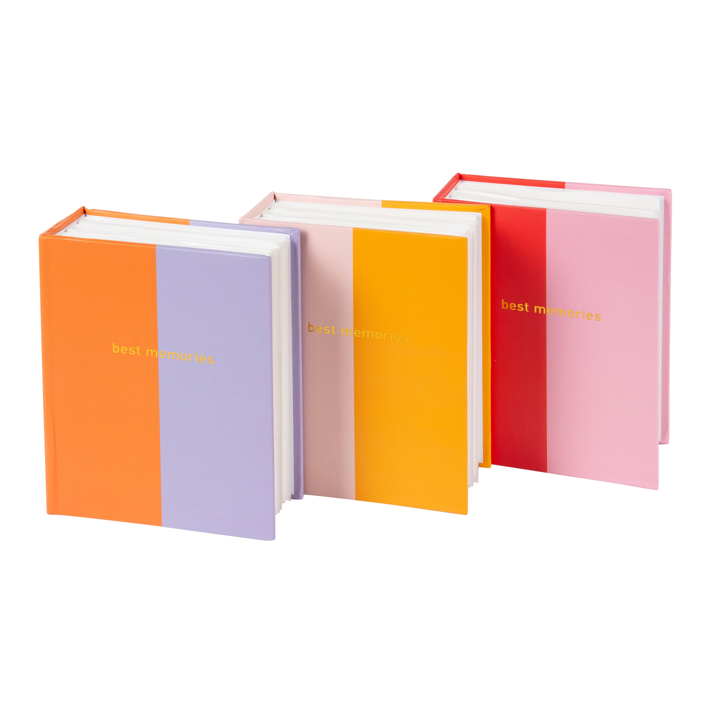 Set of colorful Goldbuch photo albums with 'best memories' text on a white background