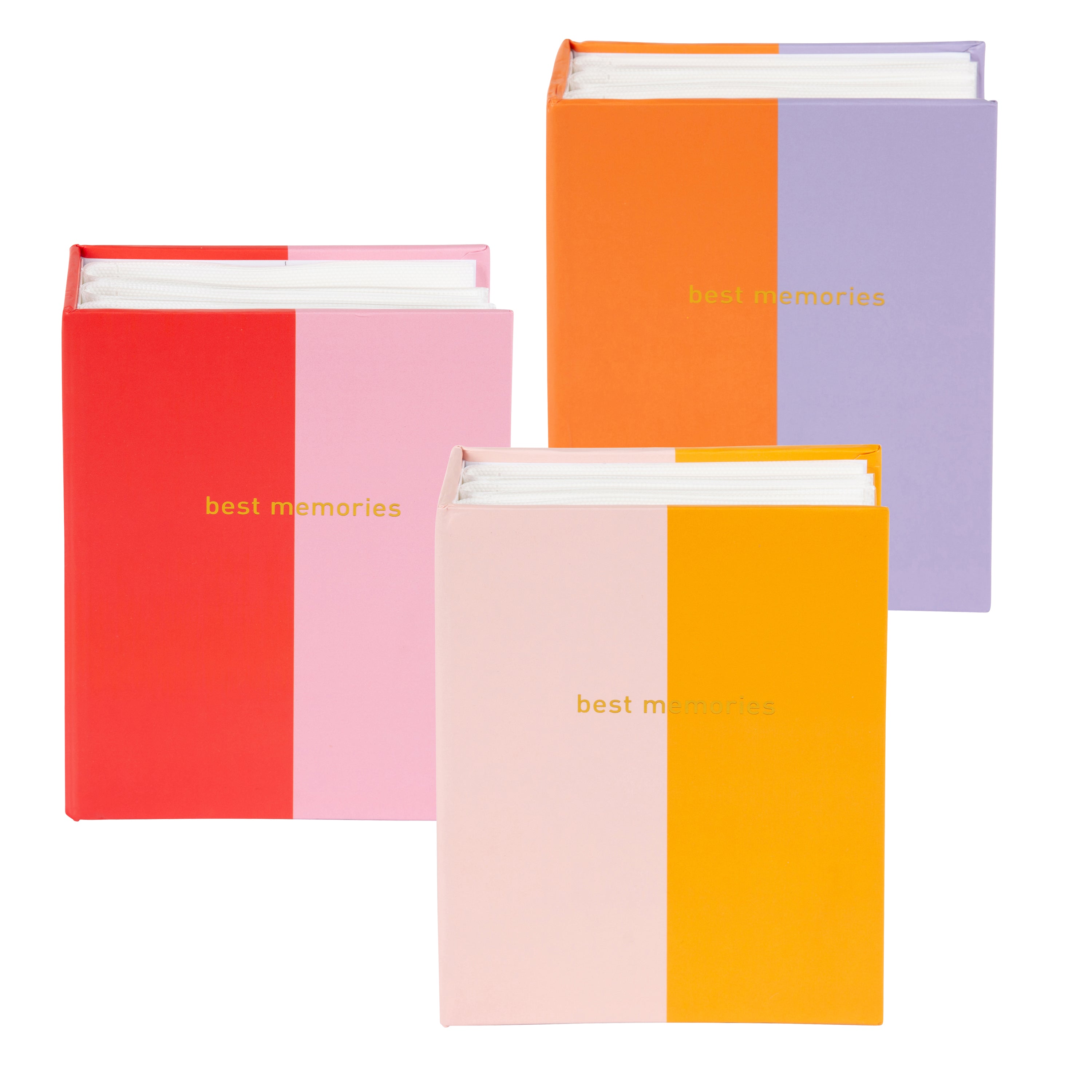 Set of colorful Goldbuch photo albums with 'best memories' text on a white background