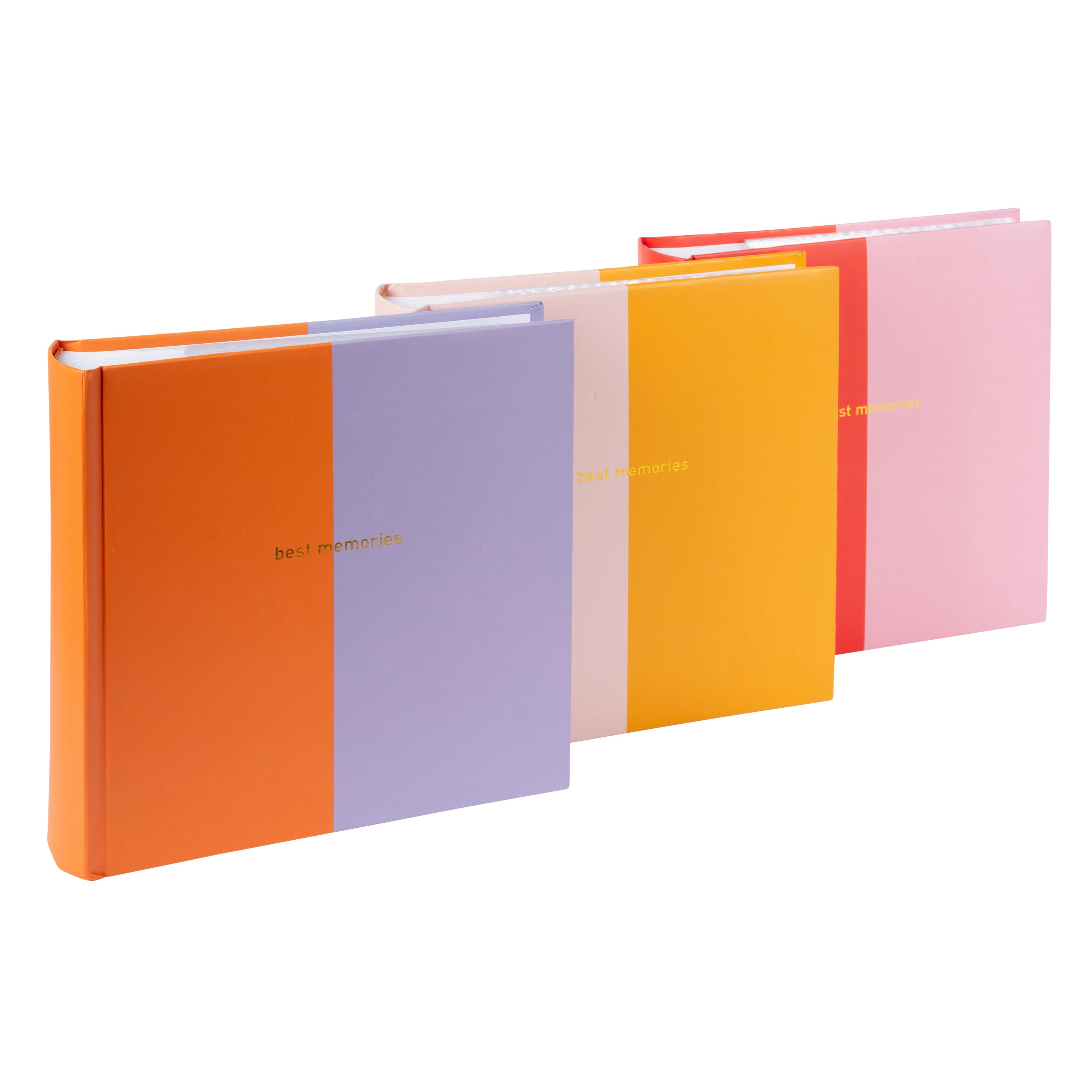 Set of colorful Goldbuch photo albums with 'best memories' text on a white background