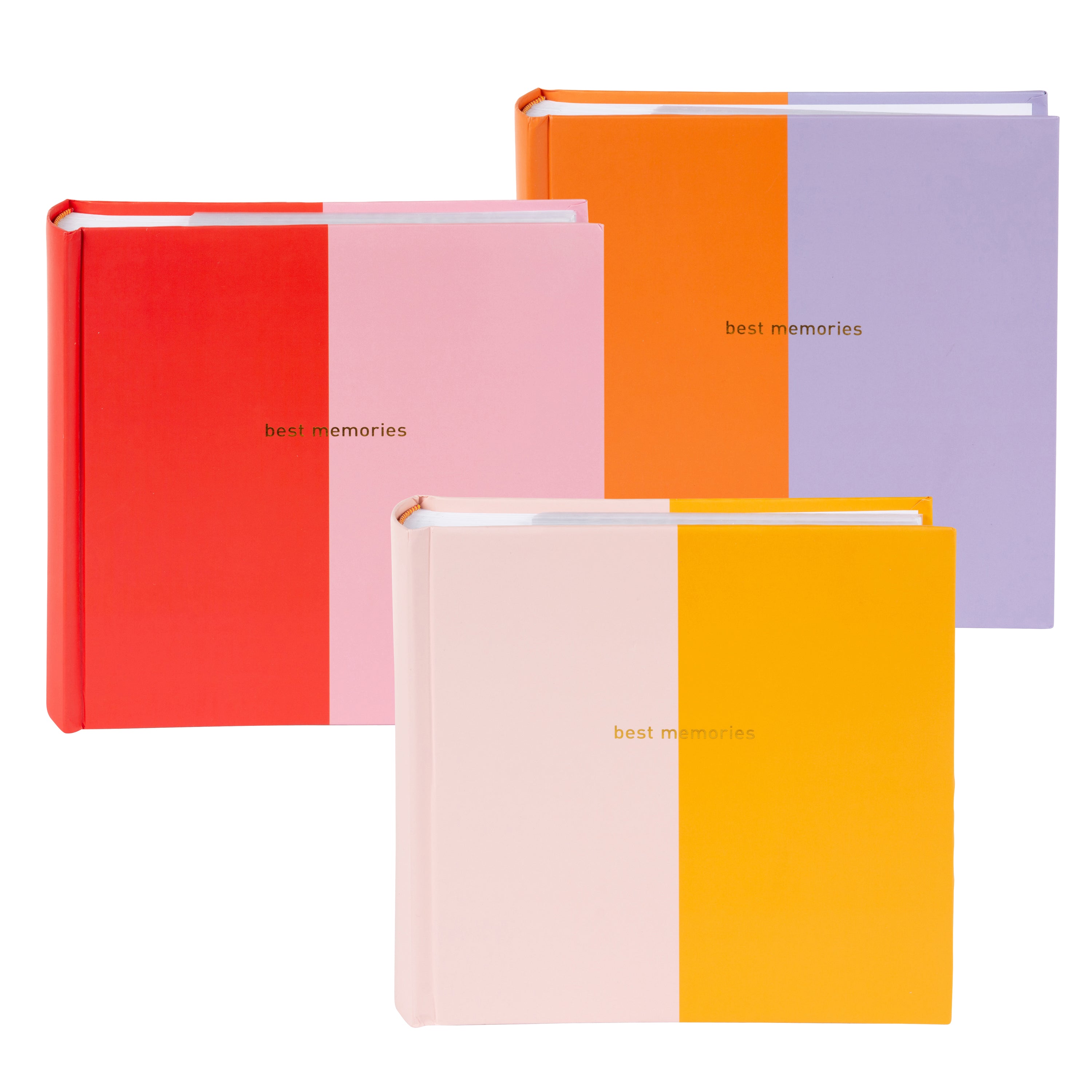 Set of colorful Goldbuch photo albums with 'best memories' text on a white background