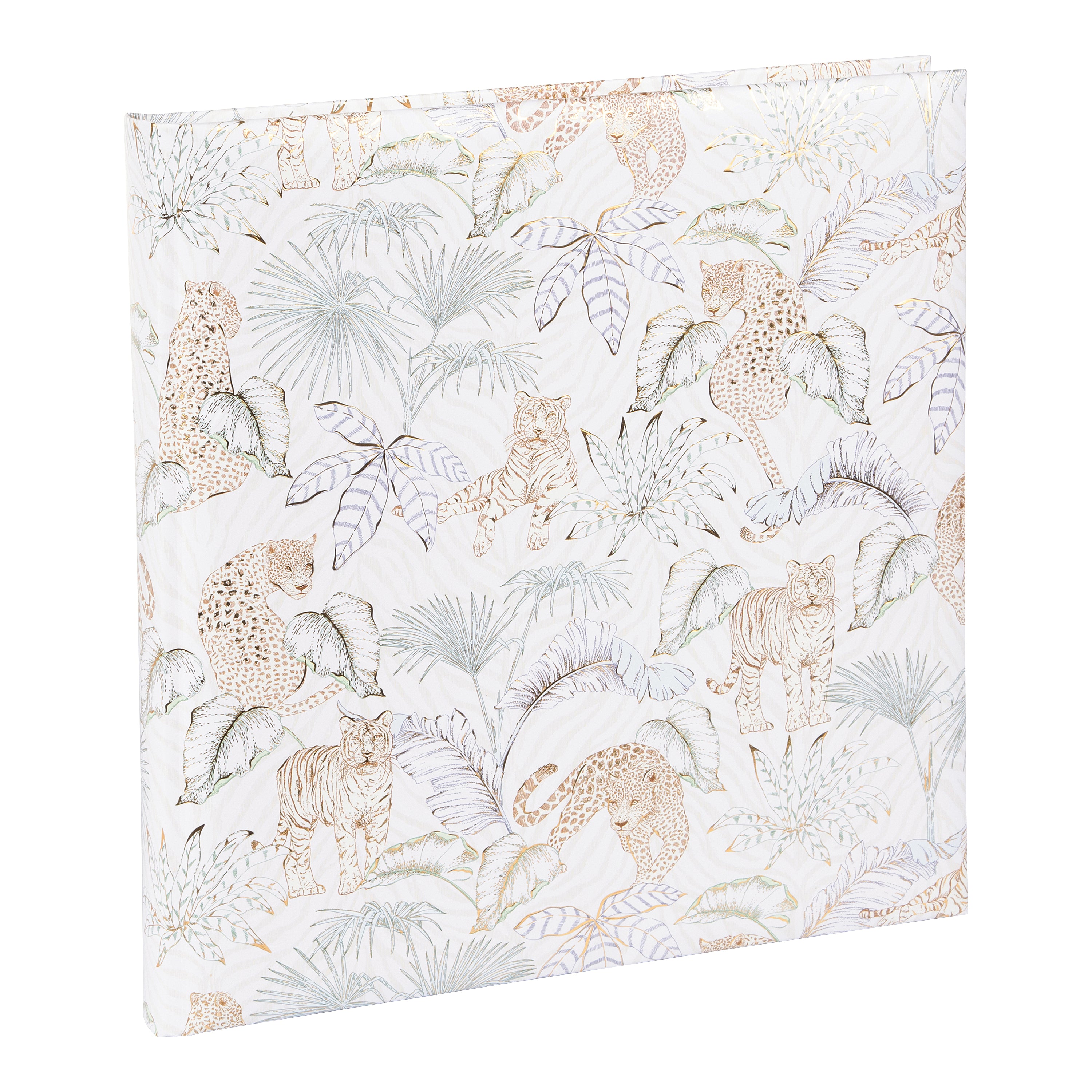 A white and beige patterned Goldbuch photo album featuring animals and plants.

