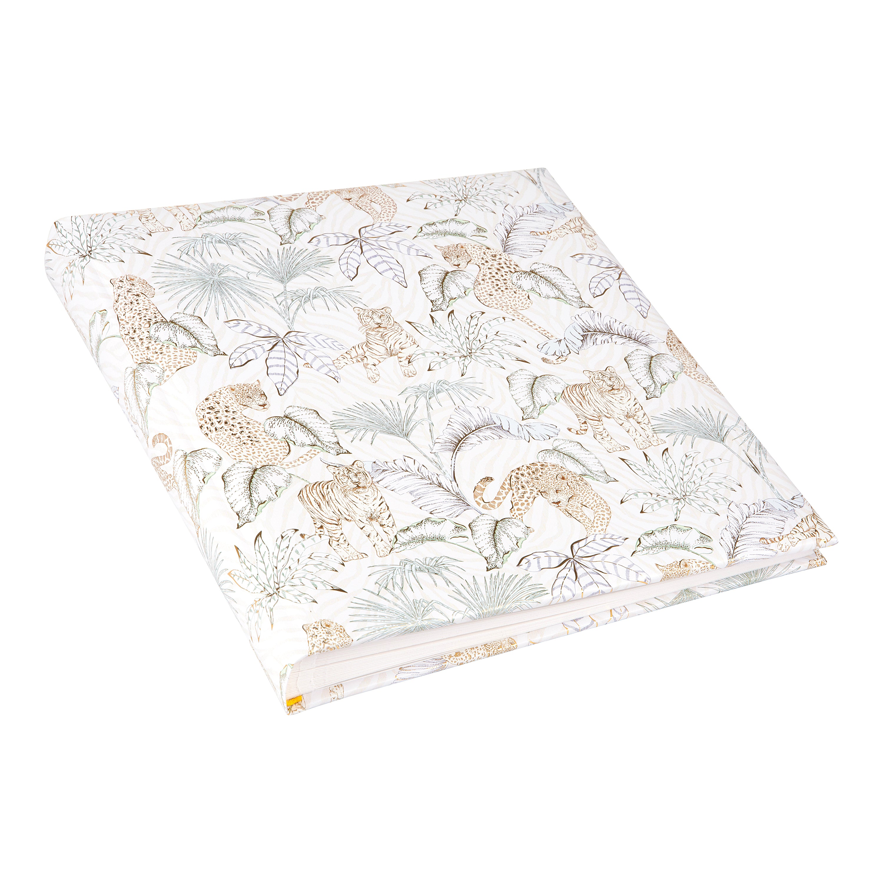 A white and beige patterned Goldbuch photo album featuring animals and plants.
