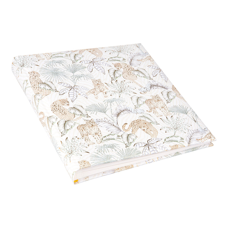 A white and beige patterned Goldbuch photo album featuring animals and plants.
