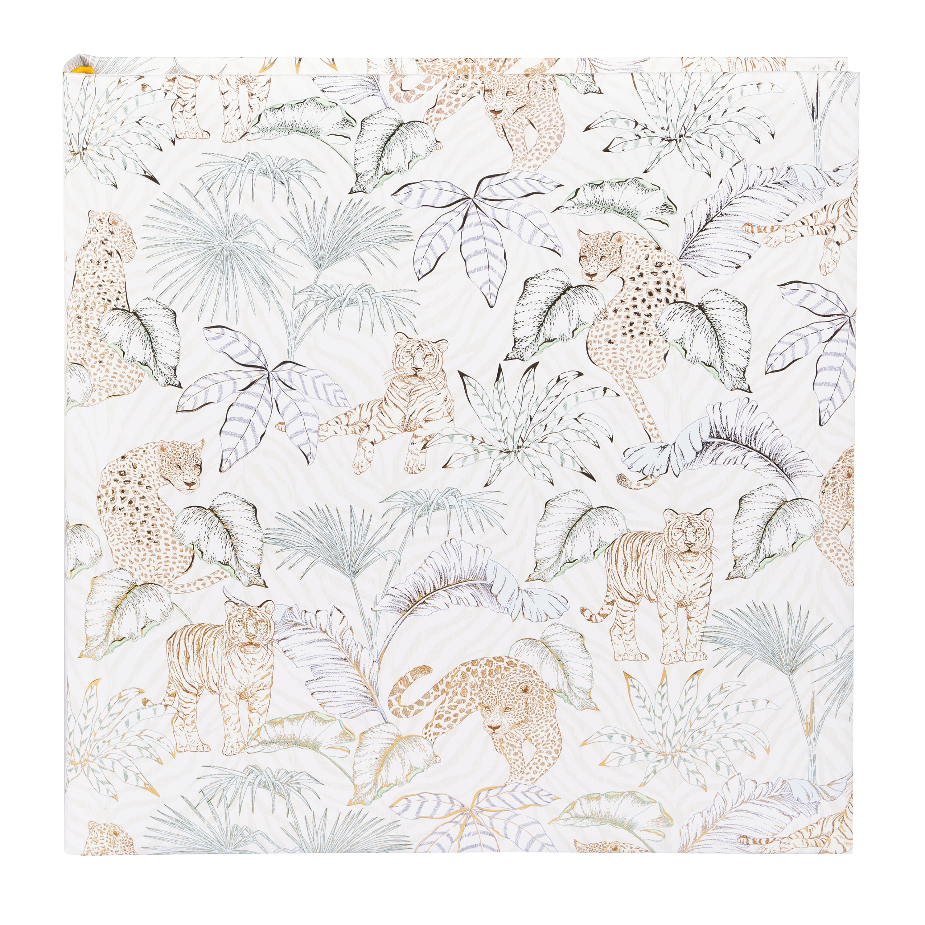 A white and beige patterned Goldbuch photo album featuring animals and plants.
