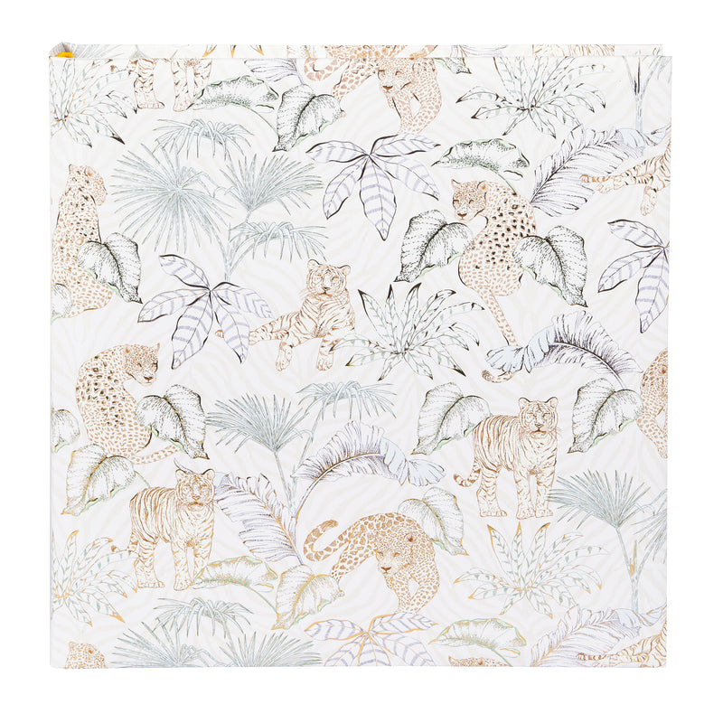 A white and beige patterned Goldbuch photo album featuring animals and plants.
