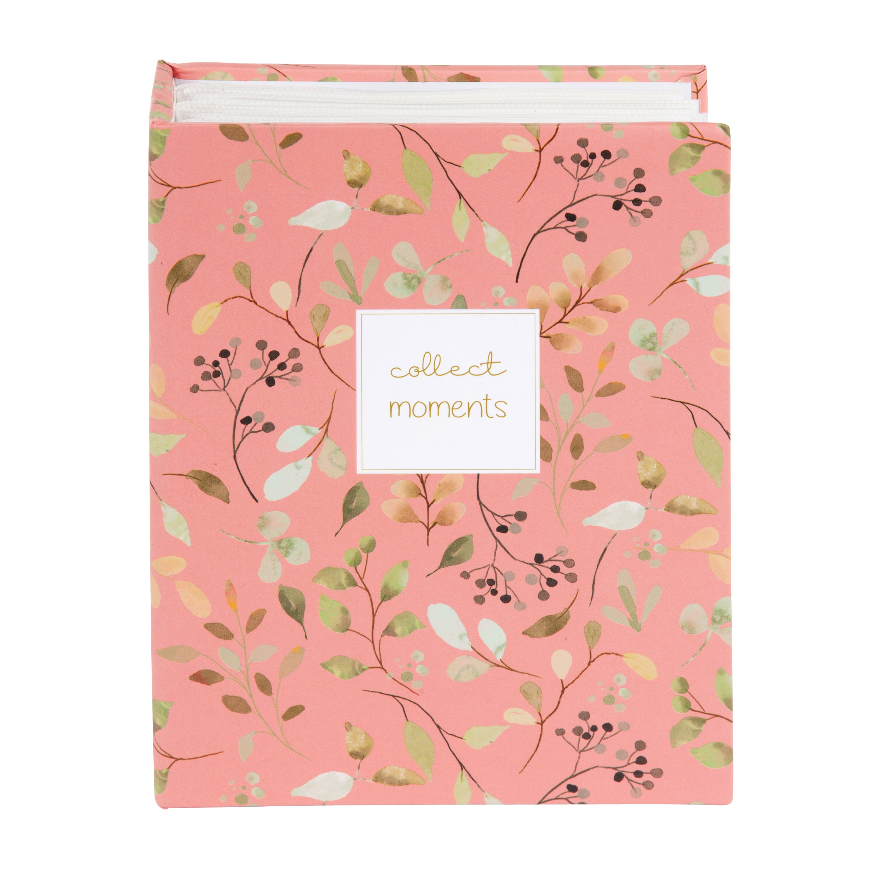 A Goldbuch photo albums with floral patterns and a decorative note card with collect moments text.