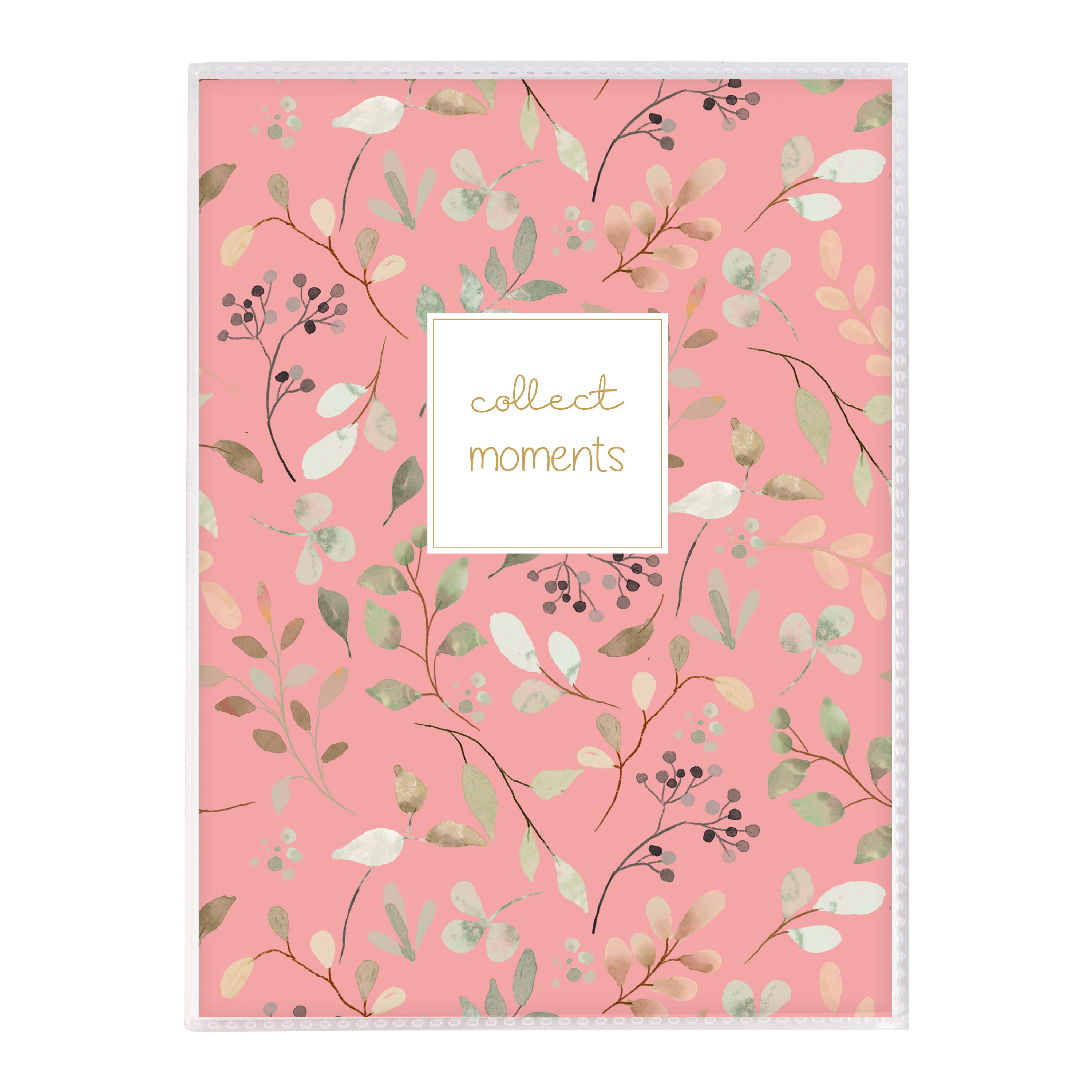 Goldbuch photo album, with floral elements on a green and rose background with a text collect moments