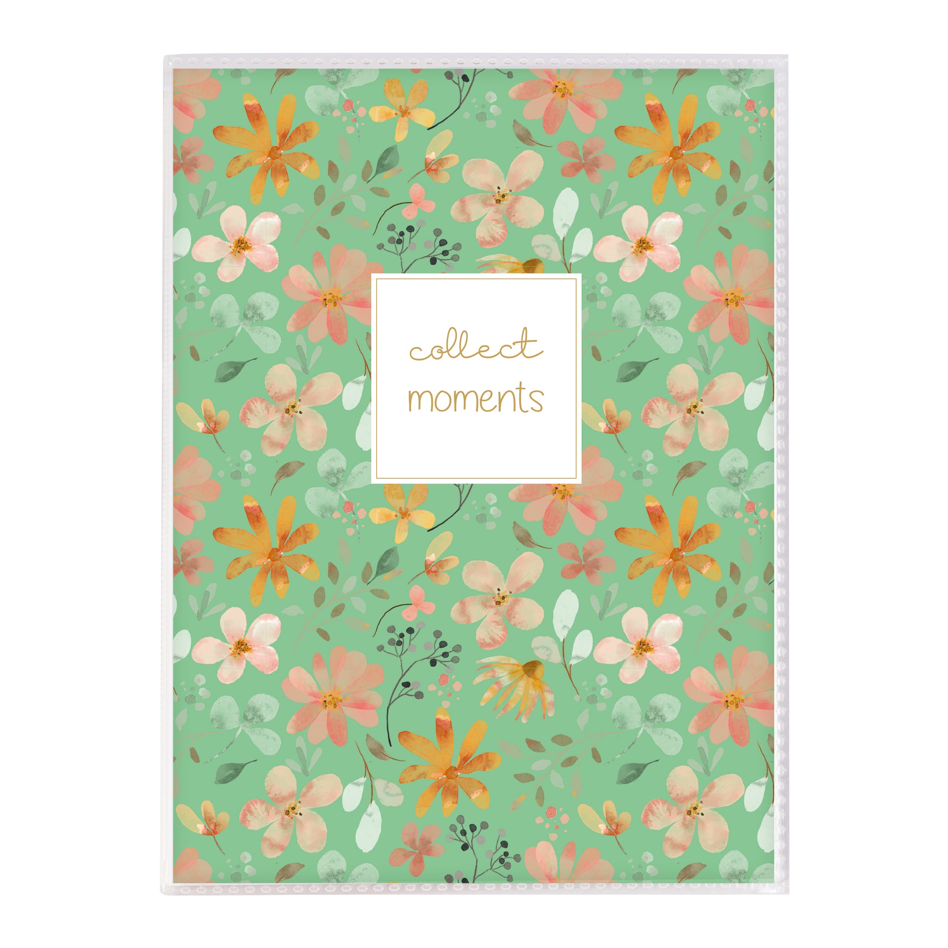 Goldbuch photo album, with floral elements on a green and rose background with a text collect moments