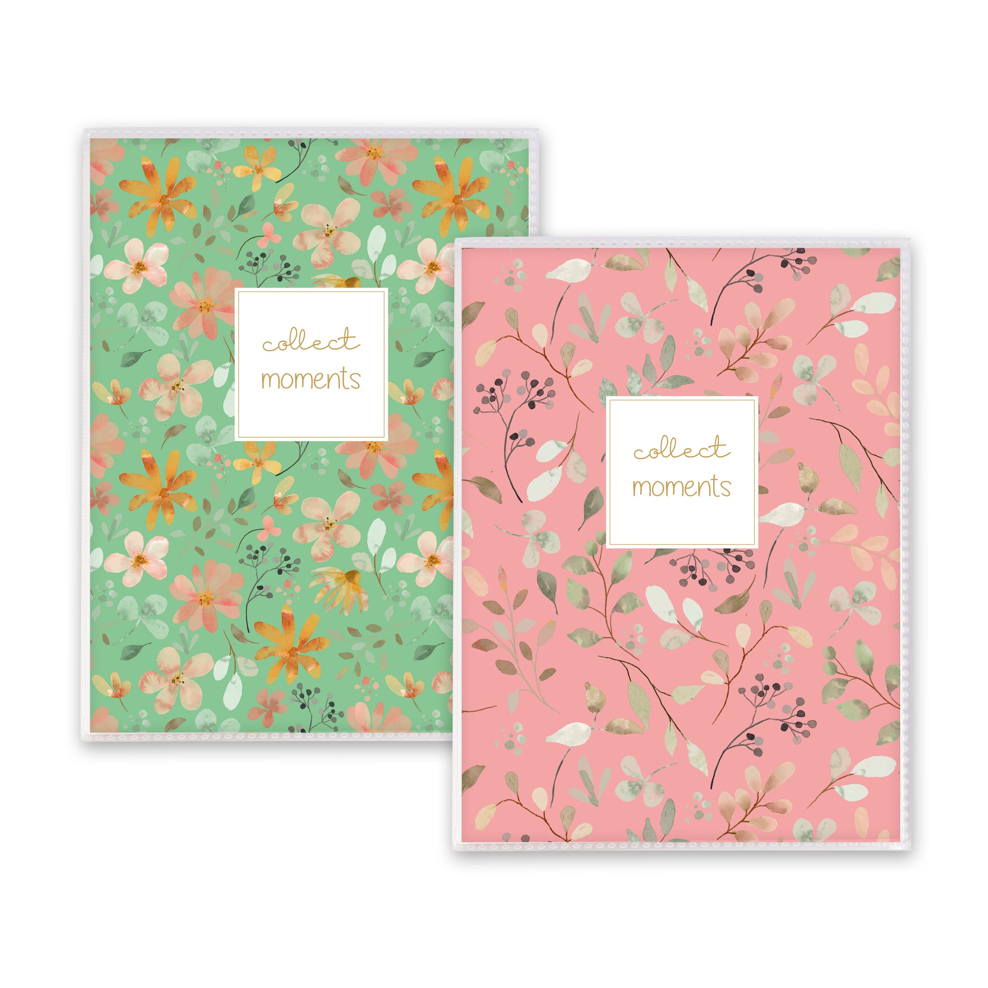 Goldbuch photo album, with floral elements on a green and rose background with a text collect moments