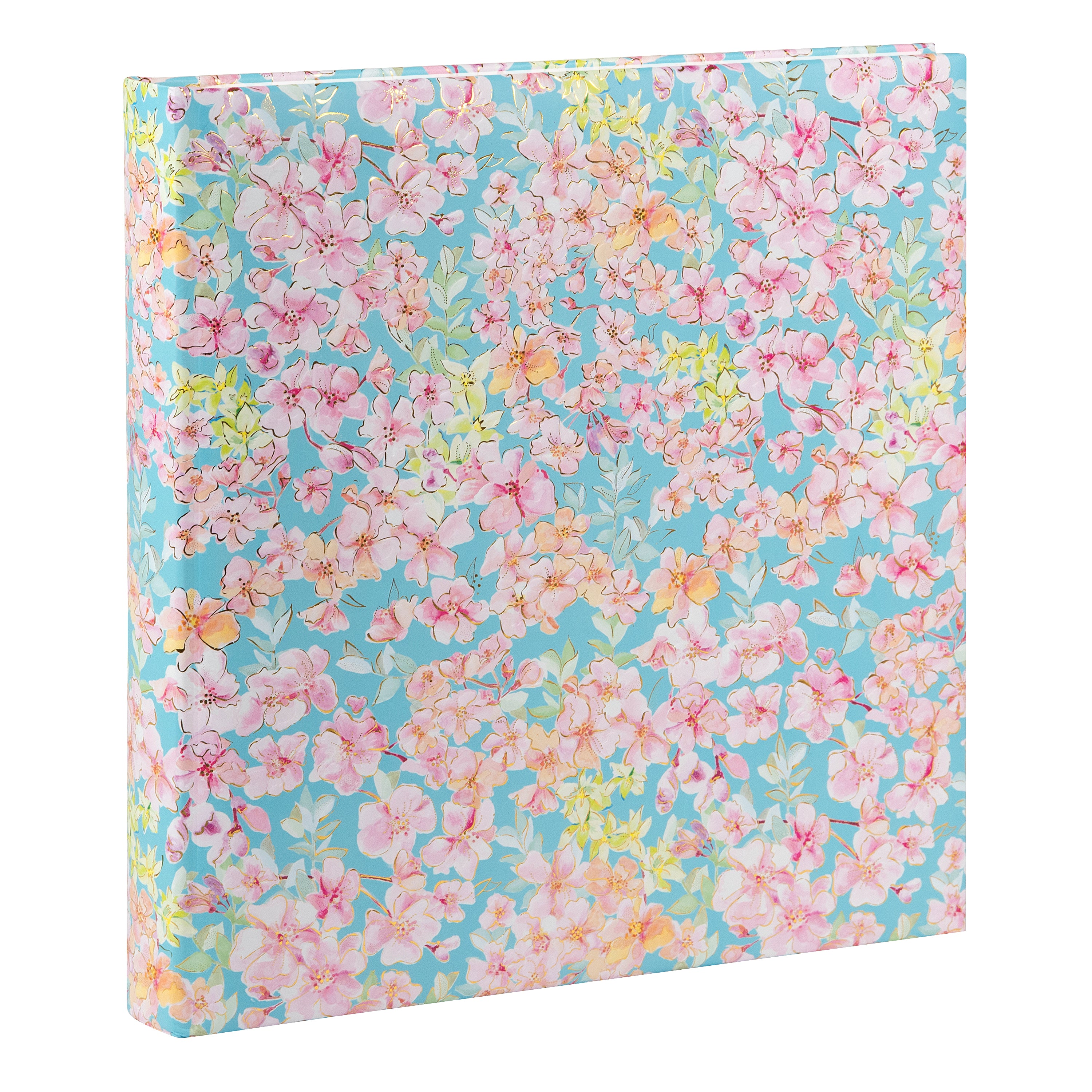 Goldbuch photo album with a blue floral pattern adorned with pink flowers, ideal for preserving memories.
