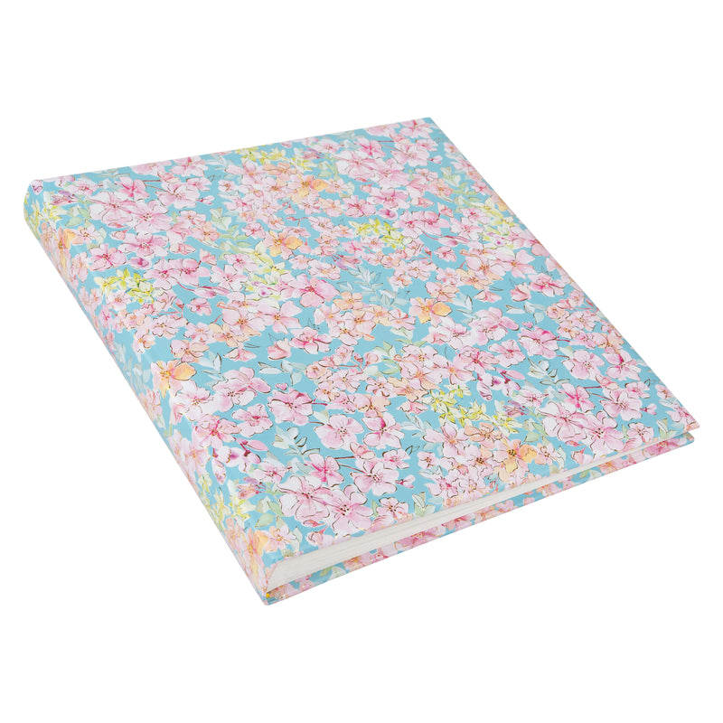 Goldbuch photo album with a blue floral pattern adorned with pink flowers, ideal for preserving memories.
