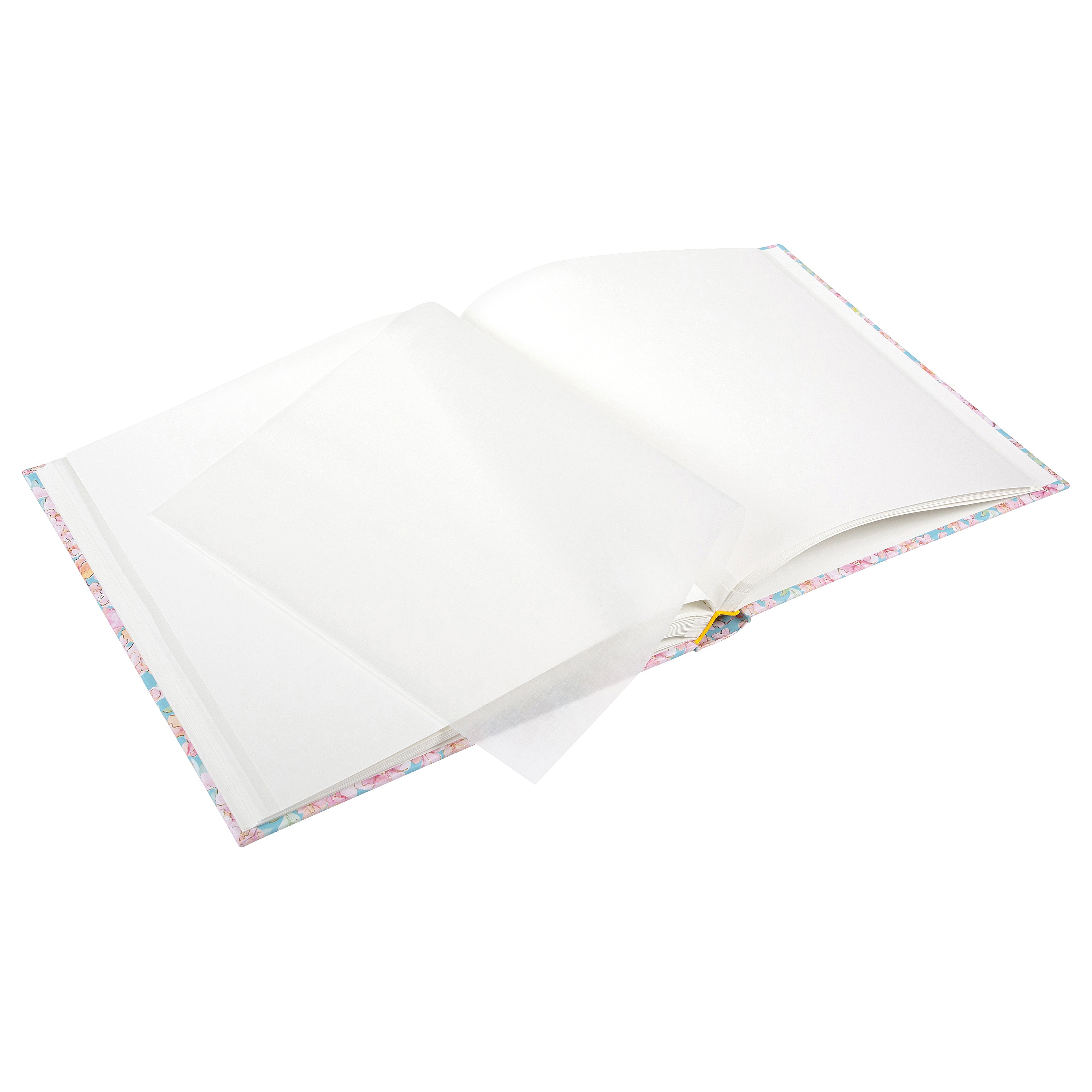 Goldbuch photo album with a blue floral pattern adorned with pink flowers, ideal for preserving memories. Internal white pages.

