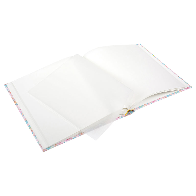 Goldbuch photo album with a blue floral pattern adorned with pink flowers, ideal for preserving memories. Internal white pages.

