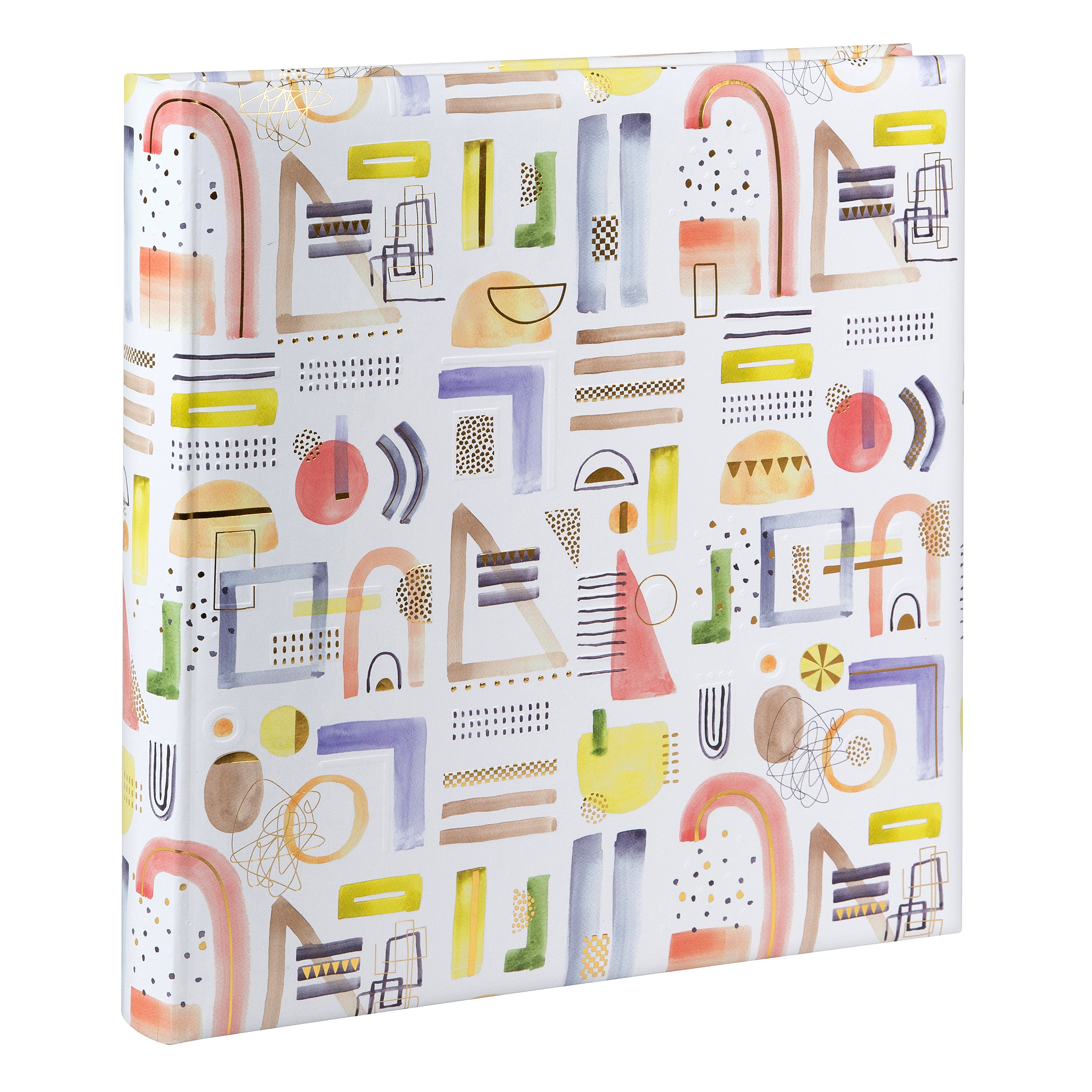 A Goldbuch photo album, white with vibrant geometric patterns, ideal for organizing and displaying photos.
