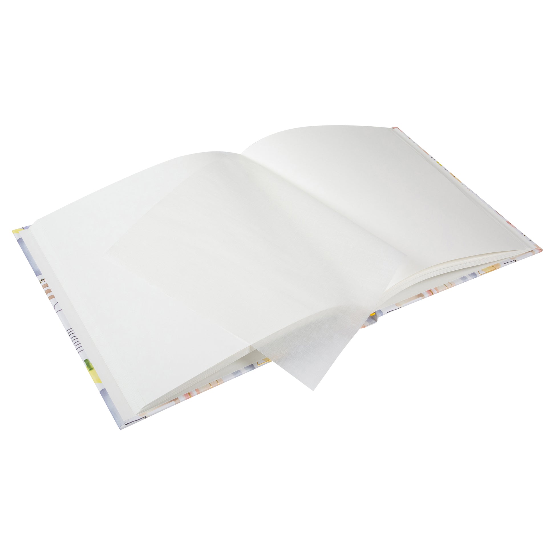 A Goldbuch photo album, white with vibrant geometric patterns, ideal for organizing and displaying photos.