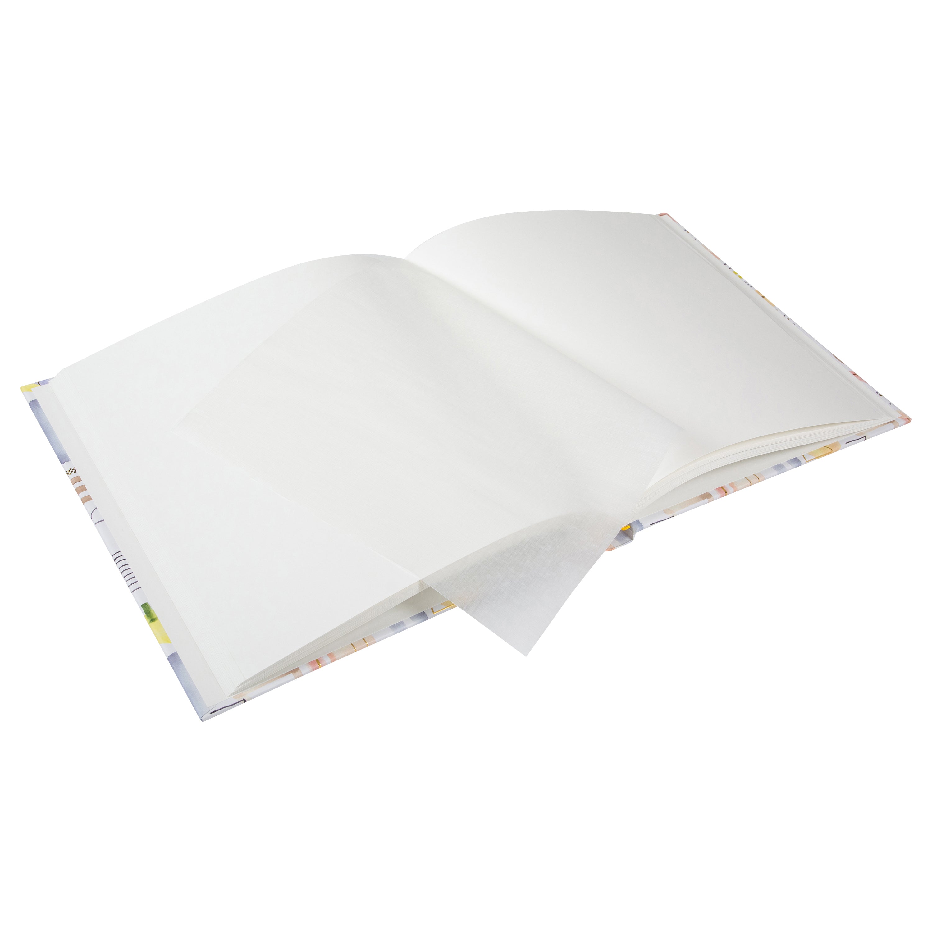 A Goldbuch photo album, white with vibrant geometric patterns, ideal for organizing and displaying photos.