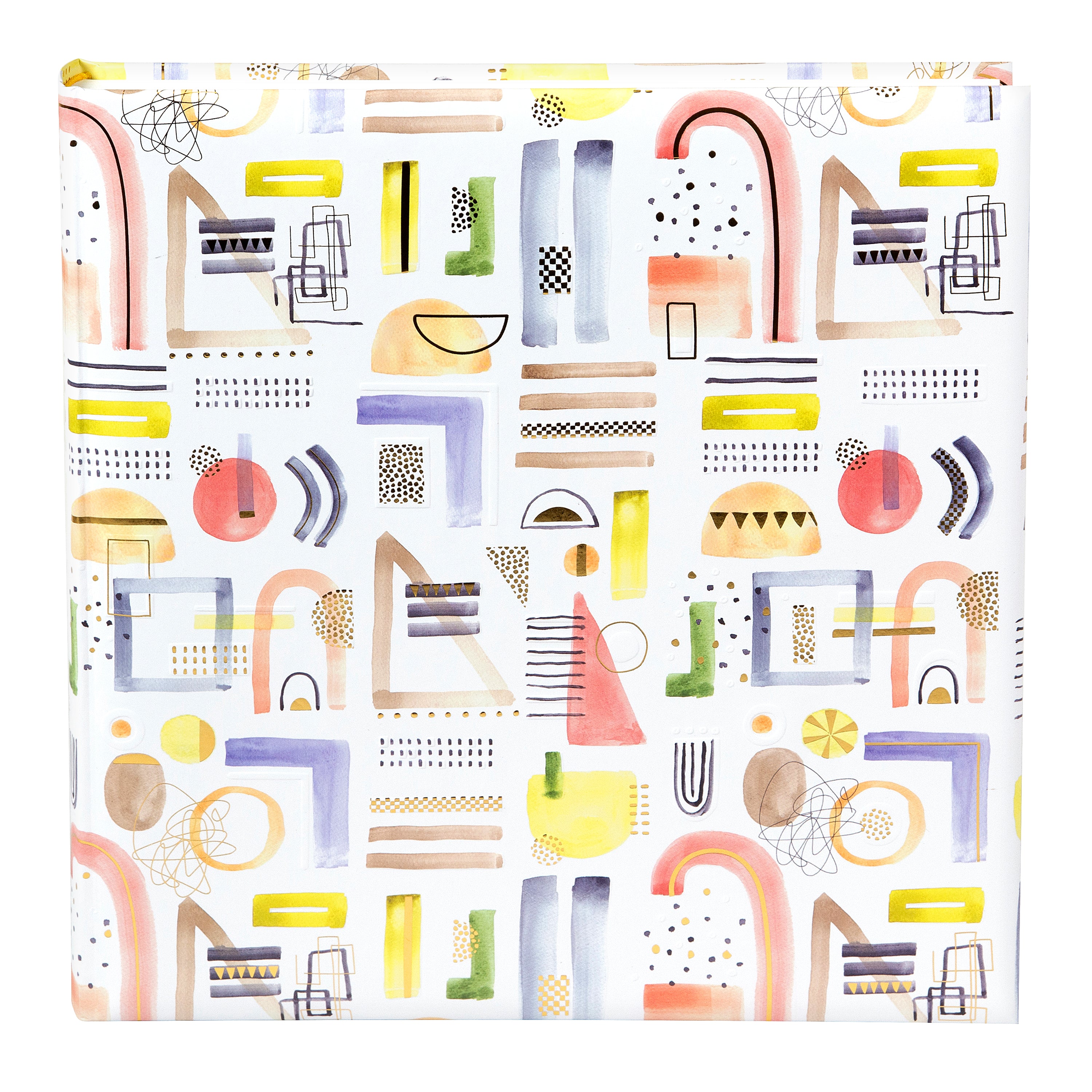 A Goldbuch photo album, white with vibrant geometric patterns, ideal for organizing and displaying photos.