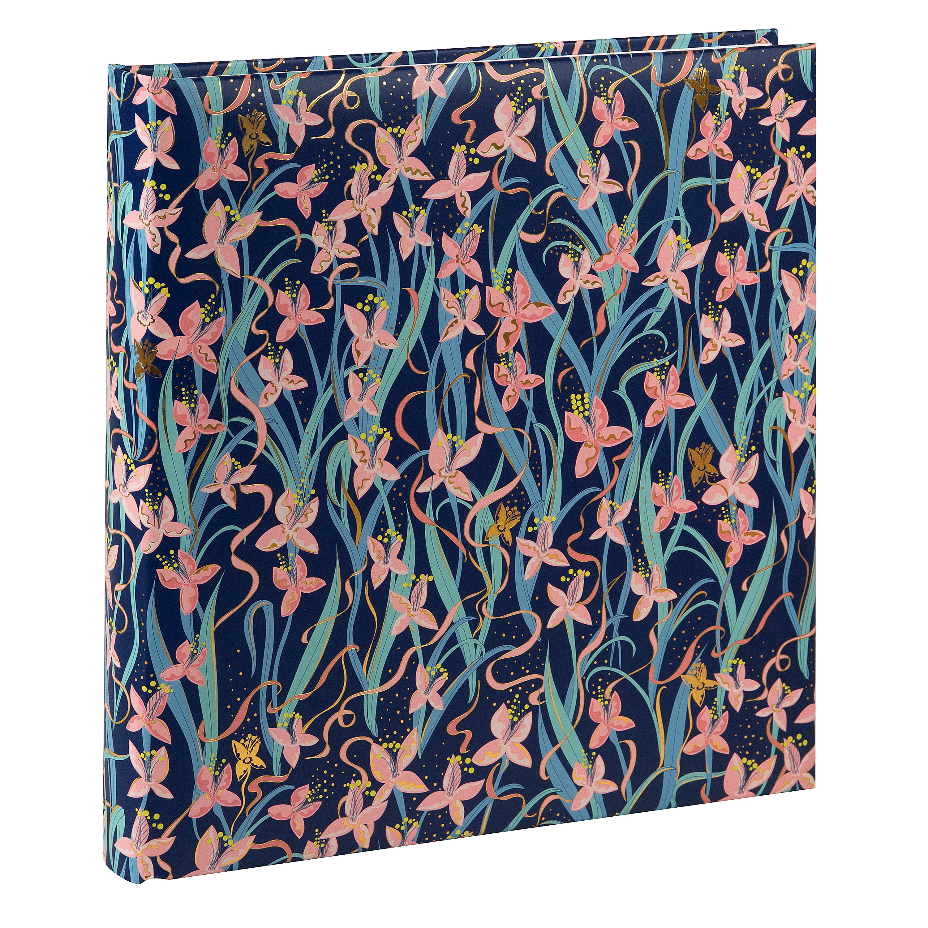 Floral-patterned Goldbuch photo album with pink flowers and gold accents on a blue background