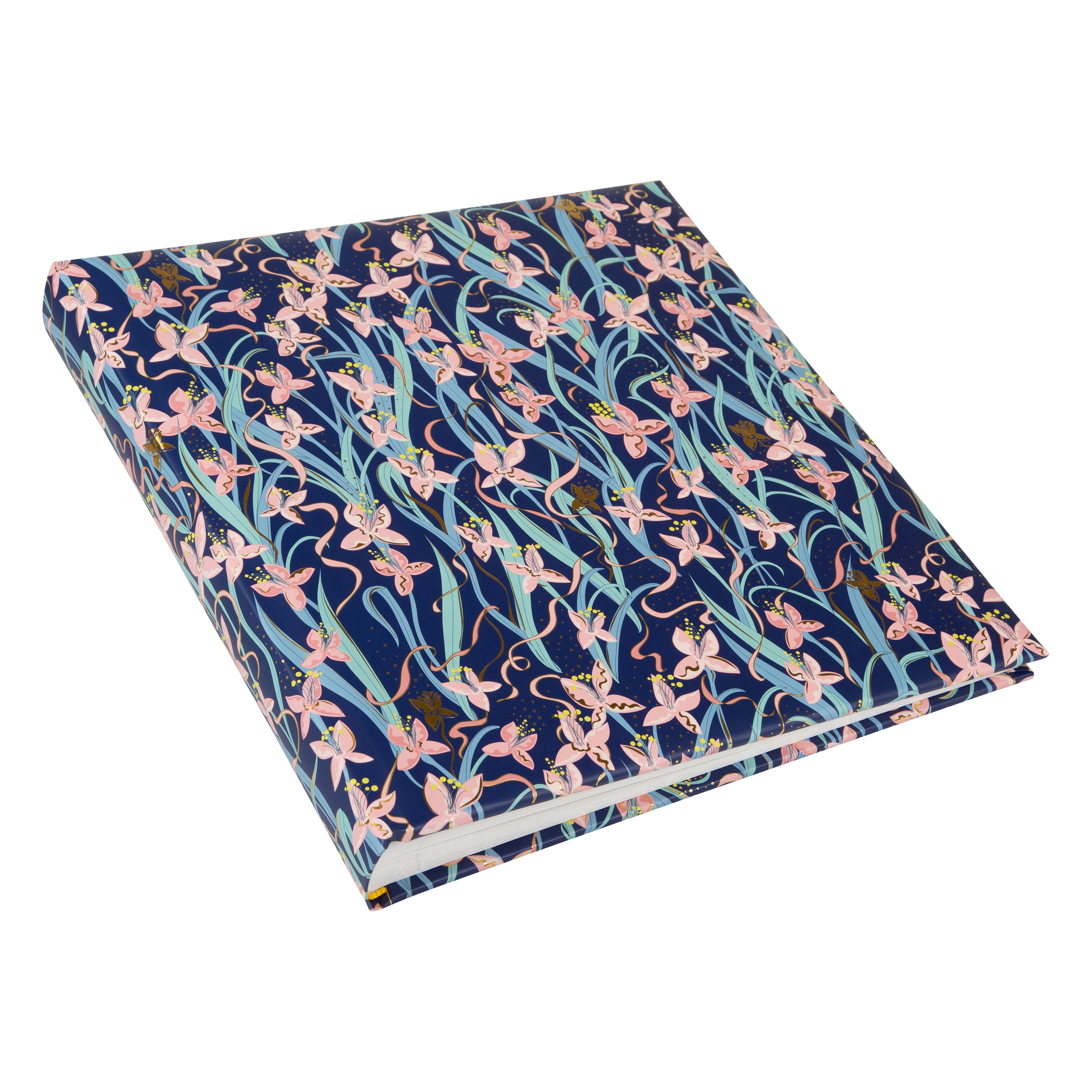 Floral-patterned Goldbuch photo album with pink flowers and gold accents on a blue background