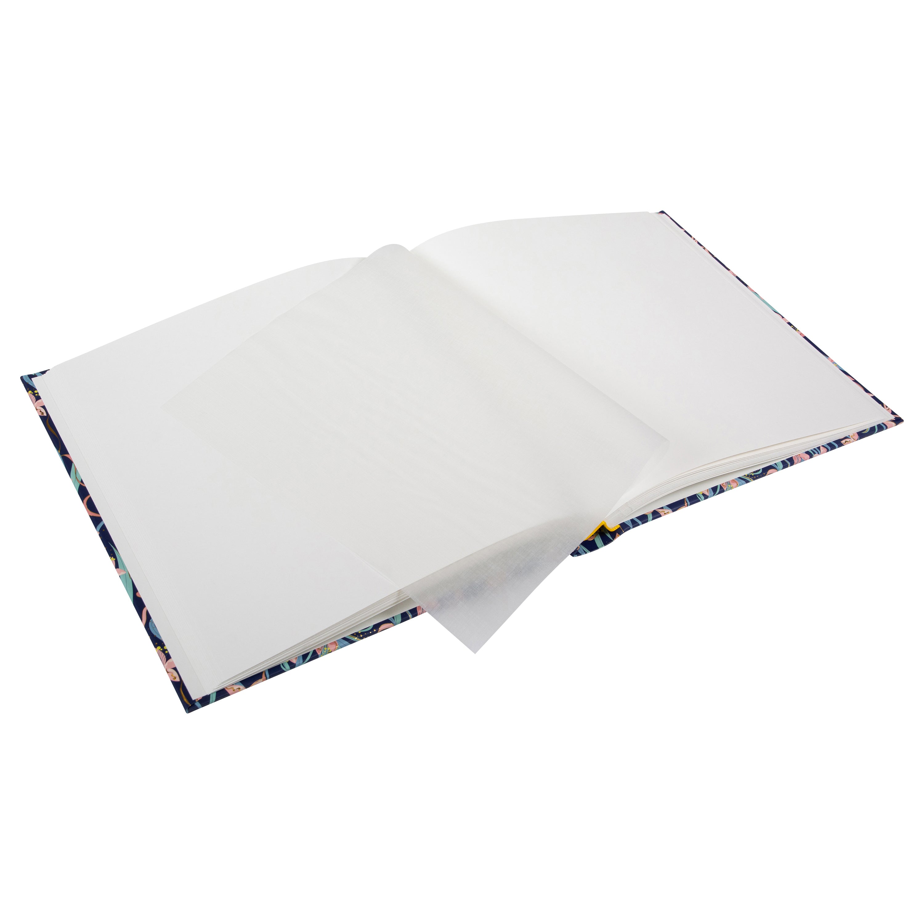 Floral-patterned Goldbuch photo album with pink flowers and gold accents on a blue background