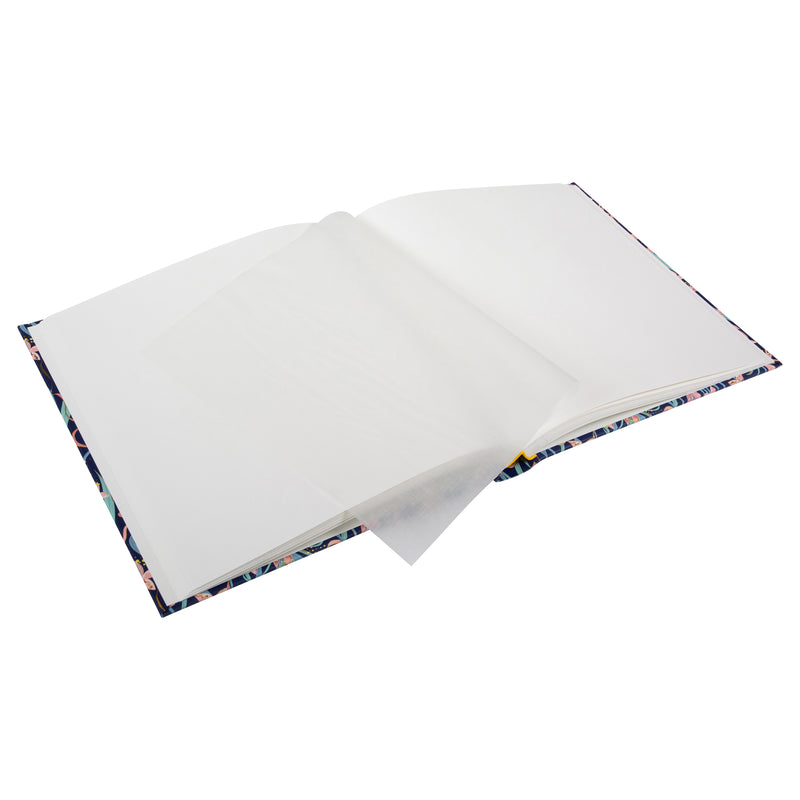 Floral-patterned Goldbuch photo album with pink flowers and gold accents on a blue background