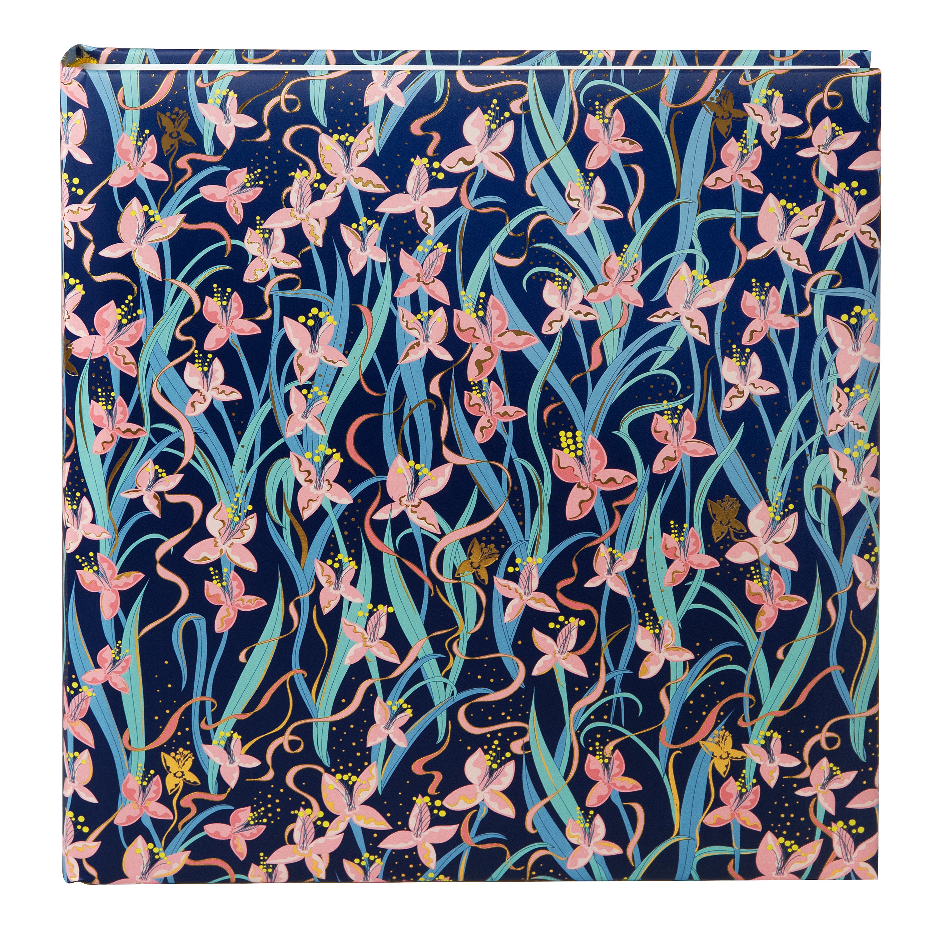 Floral-patterned Goldbuch photo album with pink flowers and gold accents on a blue background