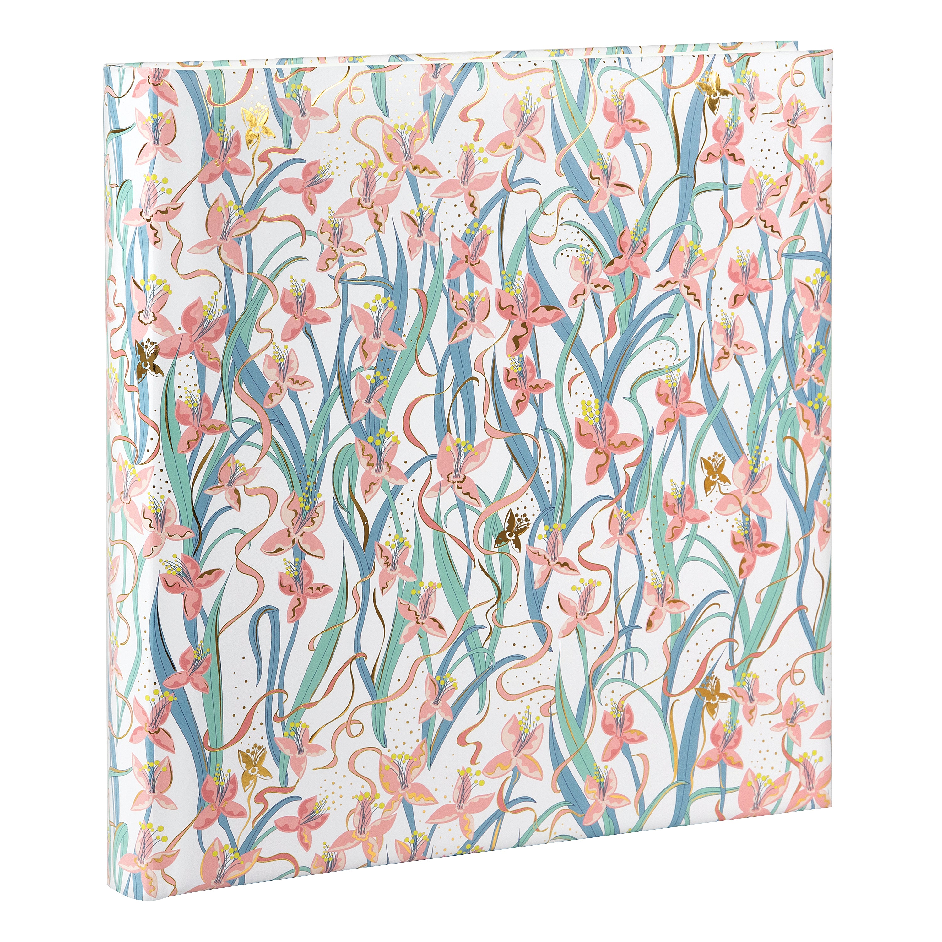 Floral-patterned Goldbuch photo album with pink flowers and gold accents on a white background