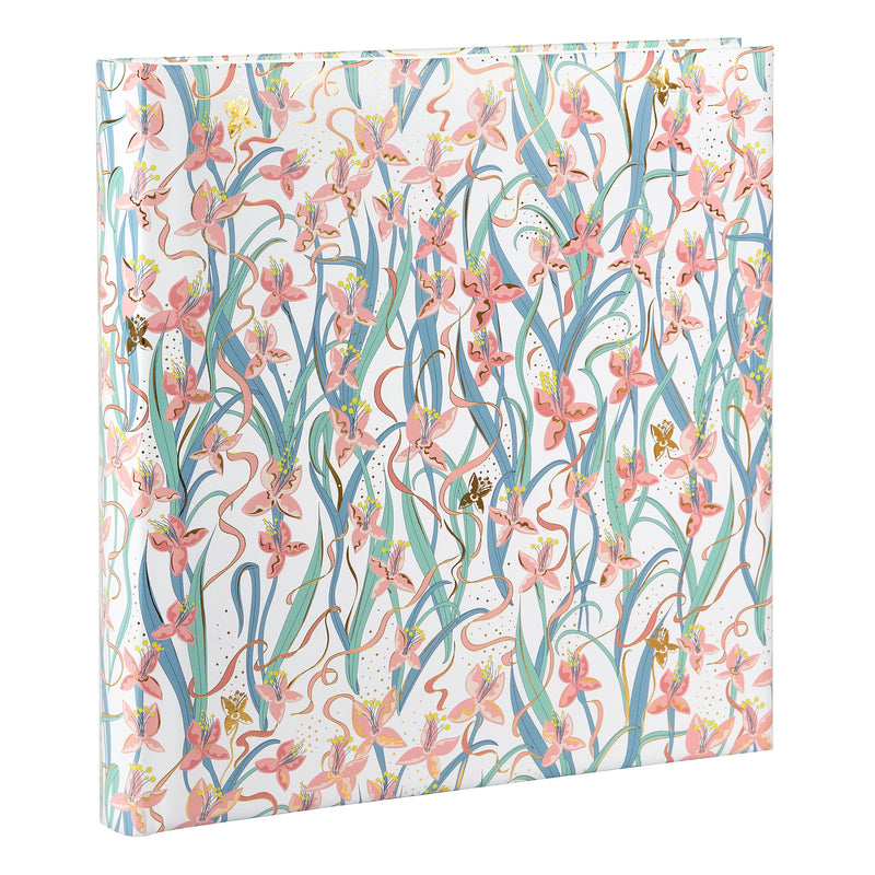 Floral-patterned Goldbuch photo album with pink flowers and gold accents on a white background