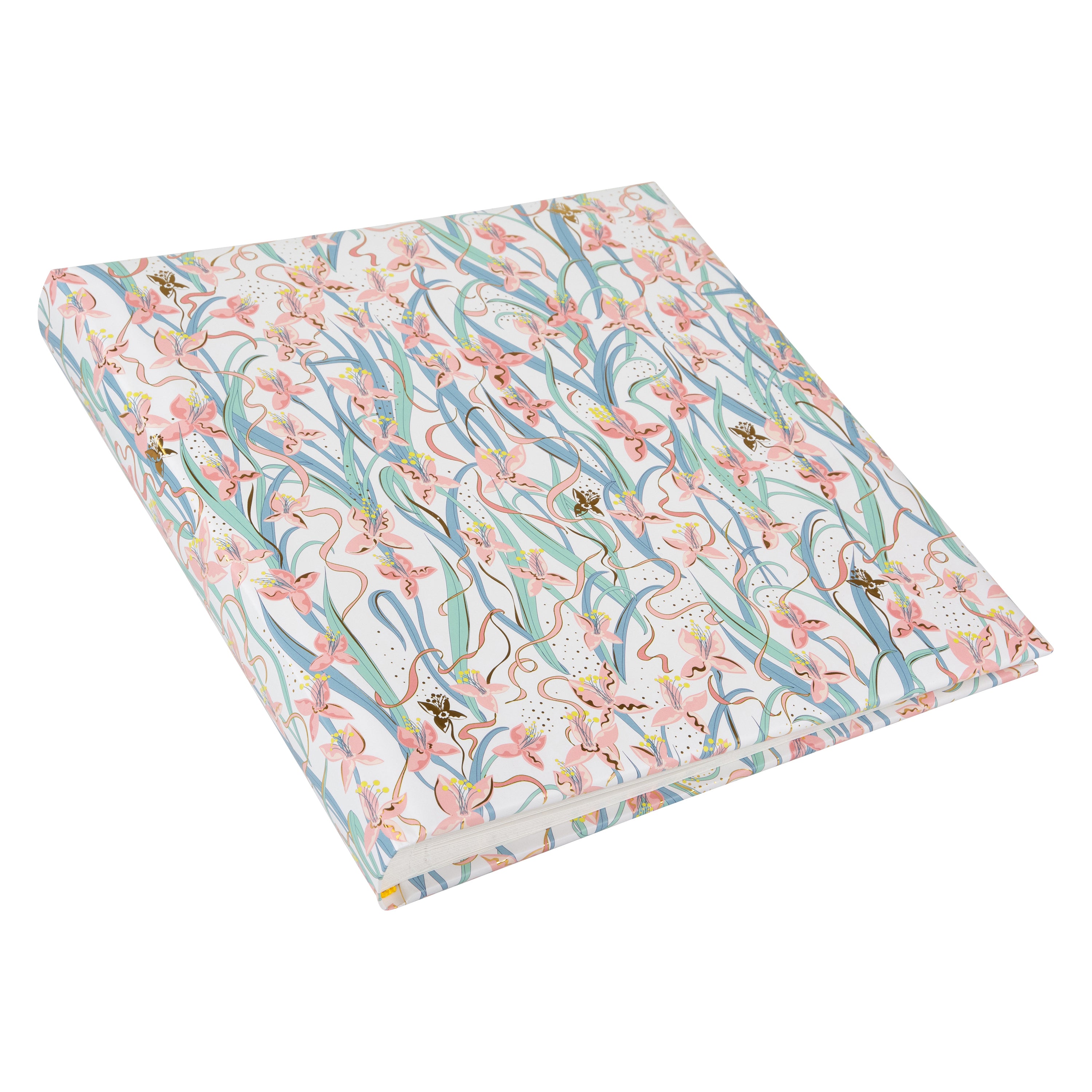 Floral-patterned Goldbuch photo album with pink flowers and gold accents on a white background