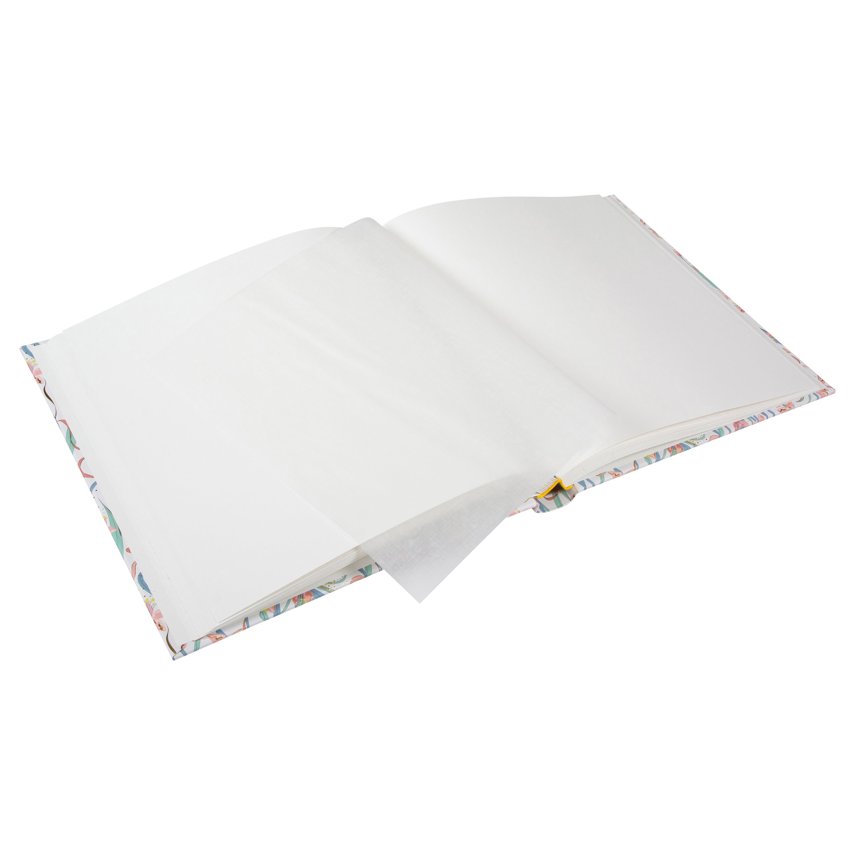 Floral-patterned Goldbuch photo album with pink flowers and gold accents on a white background