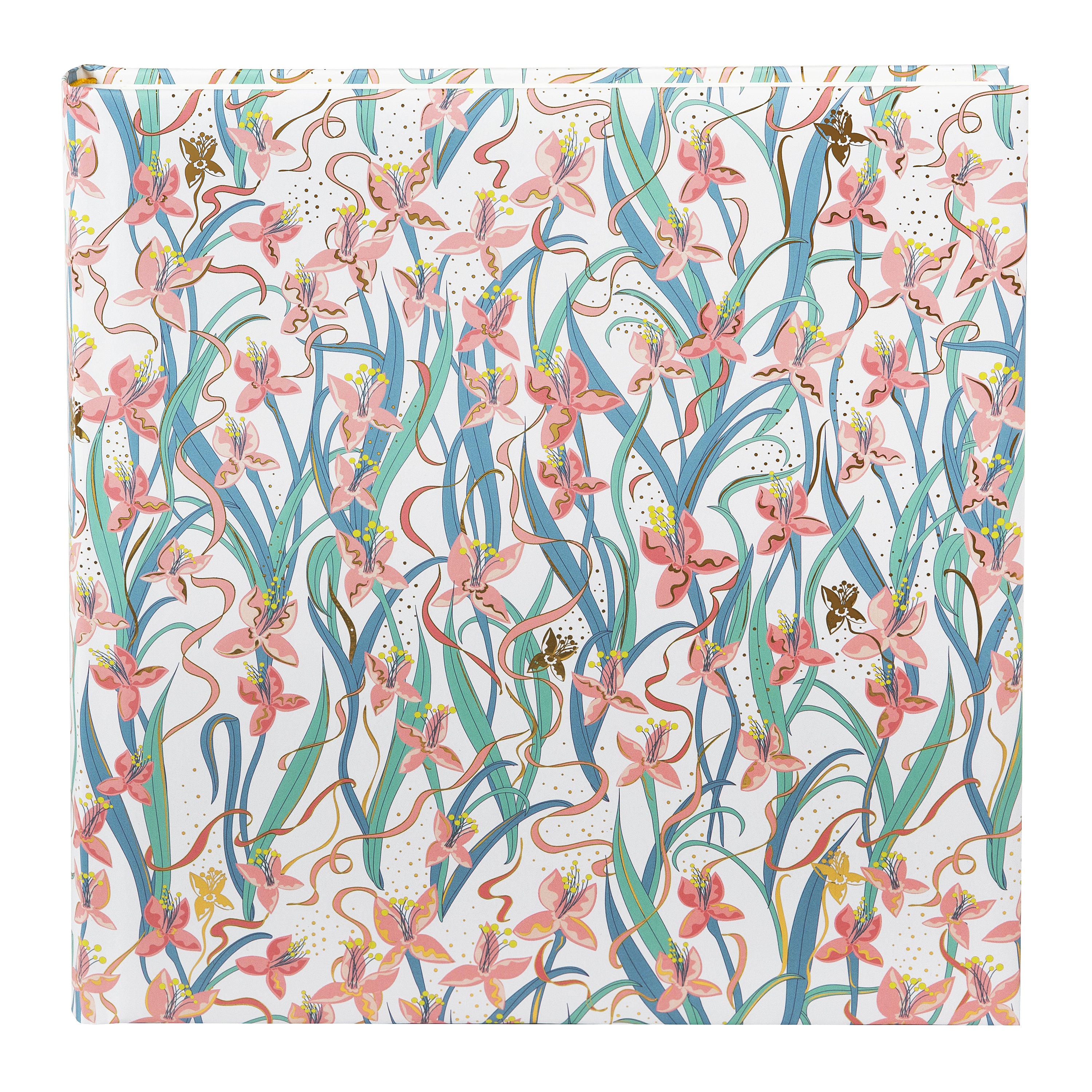 Floral-patterned Goldbuch photo album with pink flowers and gold accents on a white background