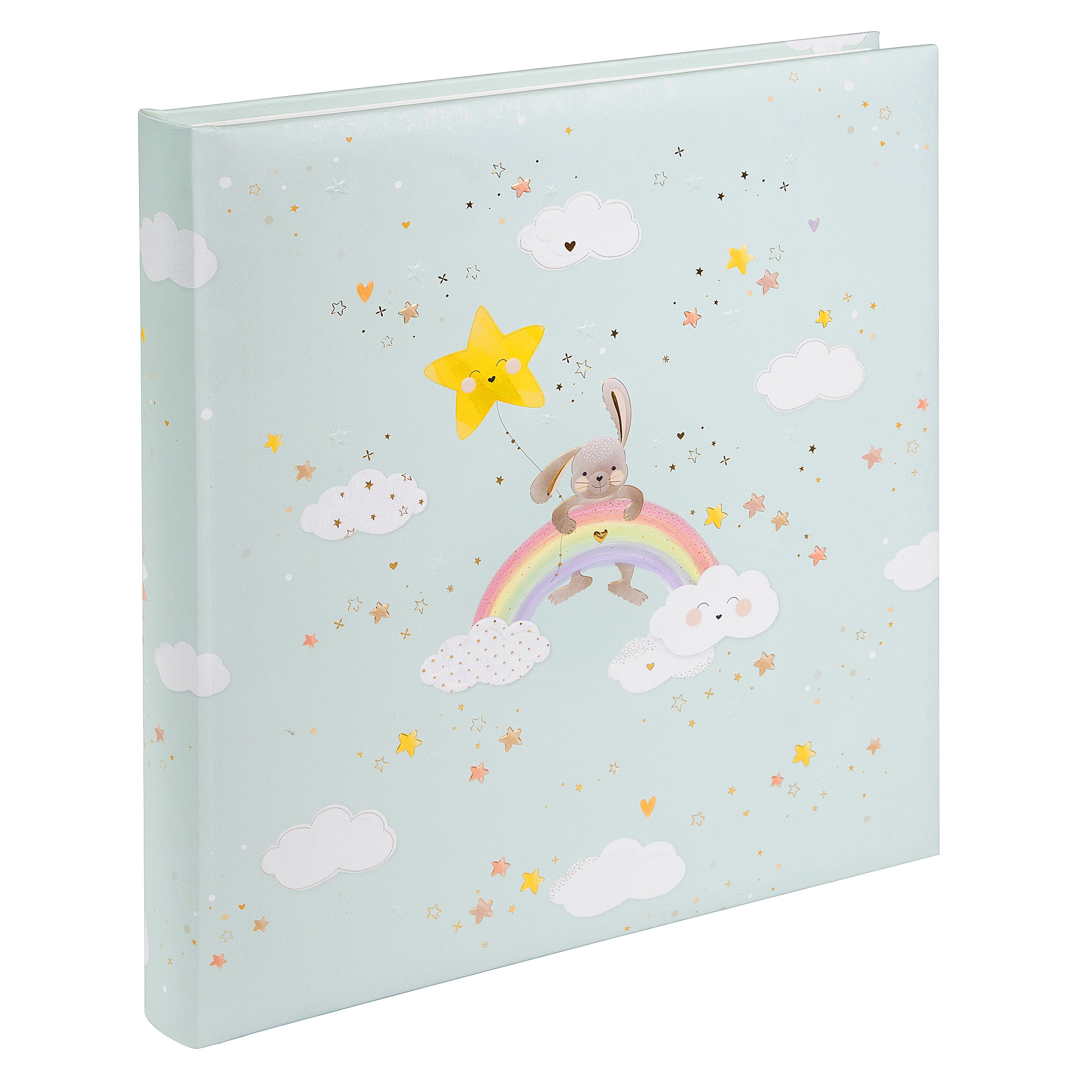 Goldbuch baby photo album showcasing a cheerful bunny and a vibrant rainbow on its cover, perfect for capturing memories.