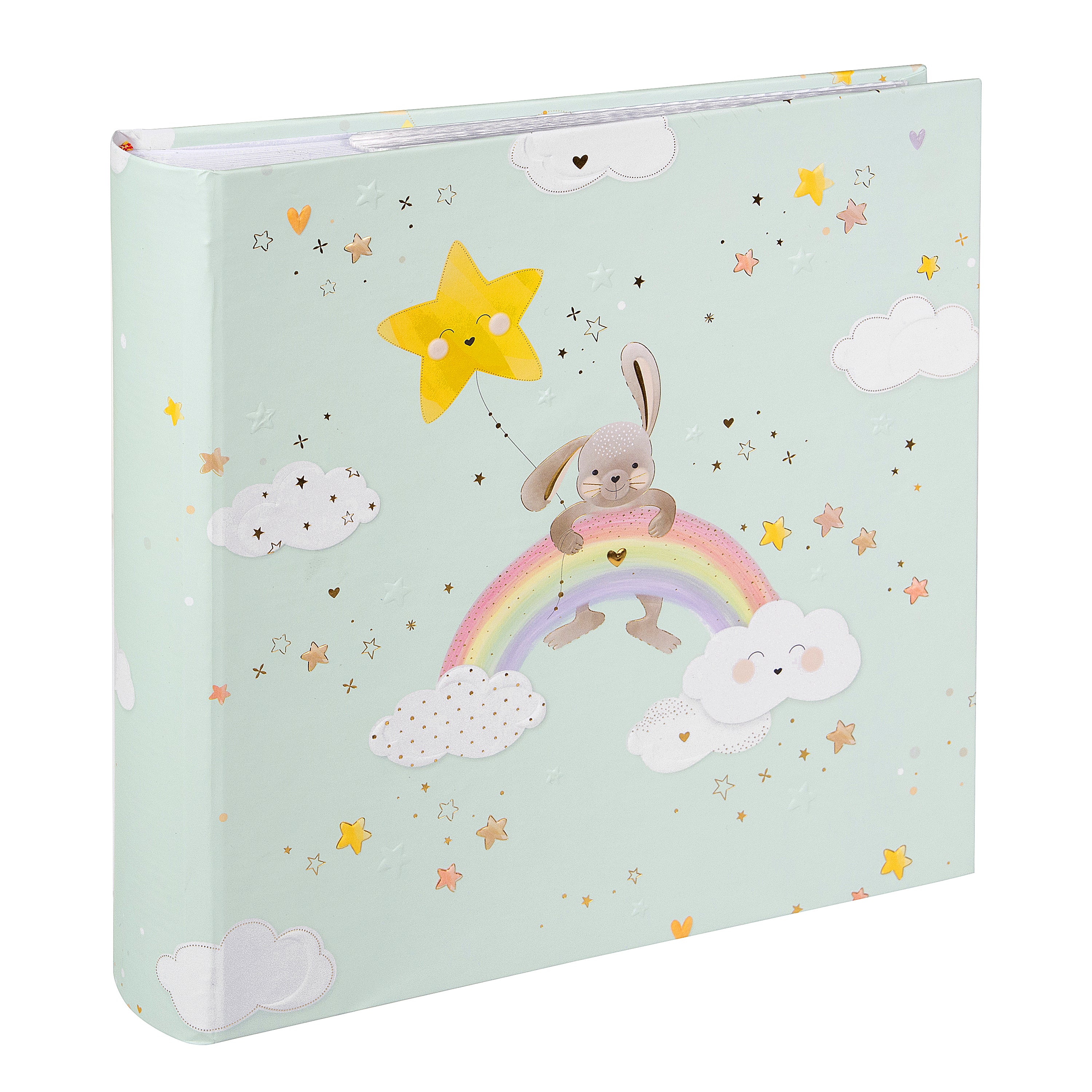 Goldbuch mint green photo album cover featuring a cartoon bunny sitting on a rainbow, surrounded by clouds, stars, and hearts.
