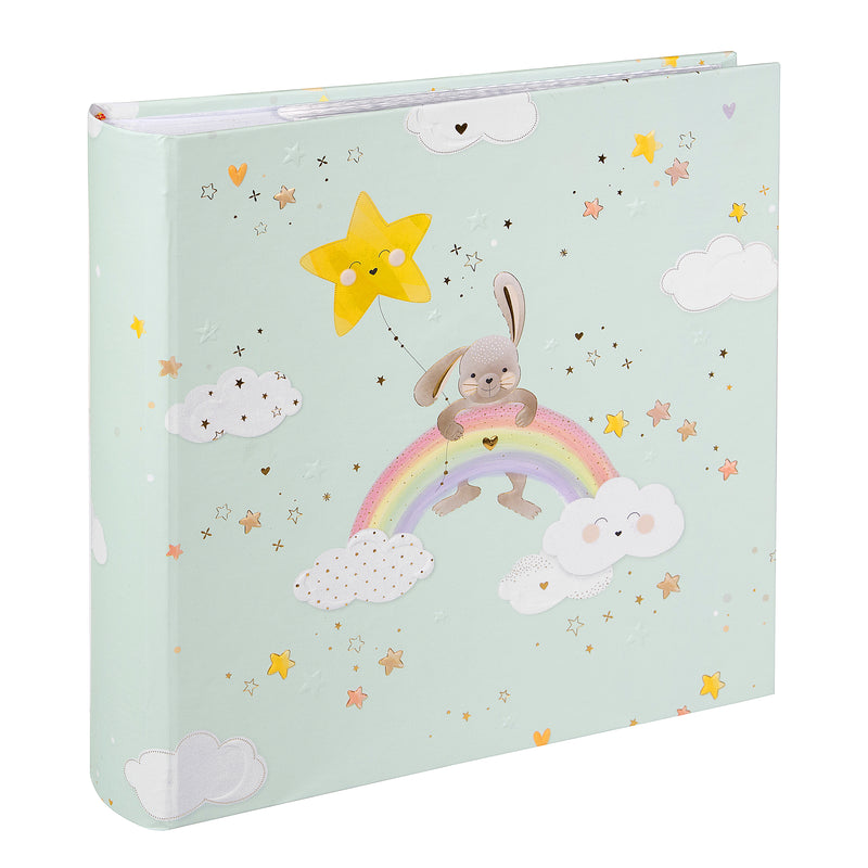 Goldbuch mint green photo album cover featuring a cartoon bunny sitting on a rainbow, surrounded by clouds, stars, and hearts.
