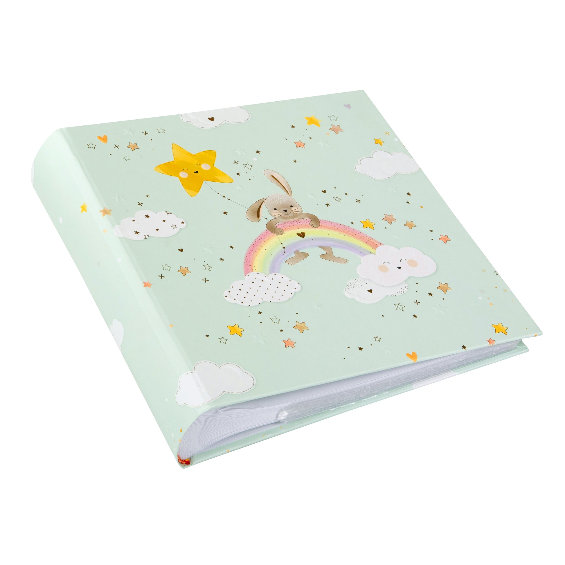 Goldbuch mint green photo album cover featuring a cartoon bunny sitting on a rainbow, surrounded by clouds, stars, and hearts.